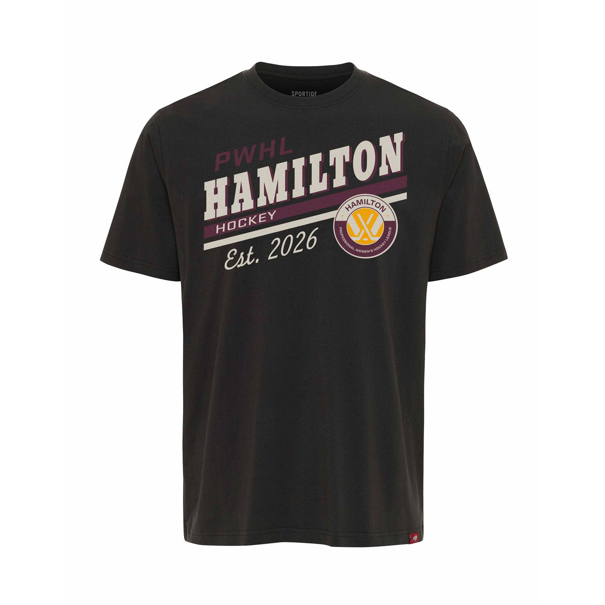 Black t-shirt with 'PWHL Hamilton Hockey Est. 2026' text and logo on a white background