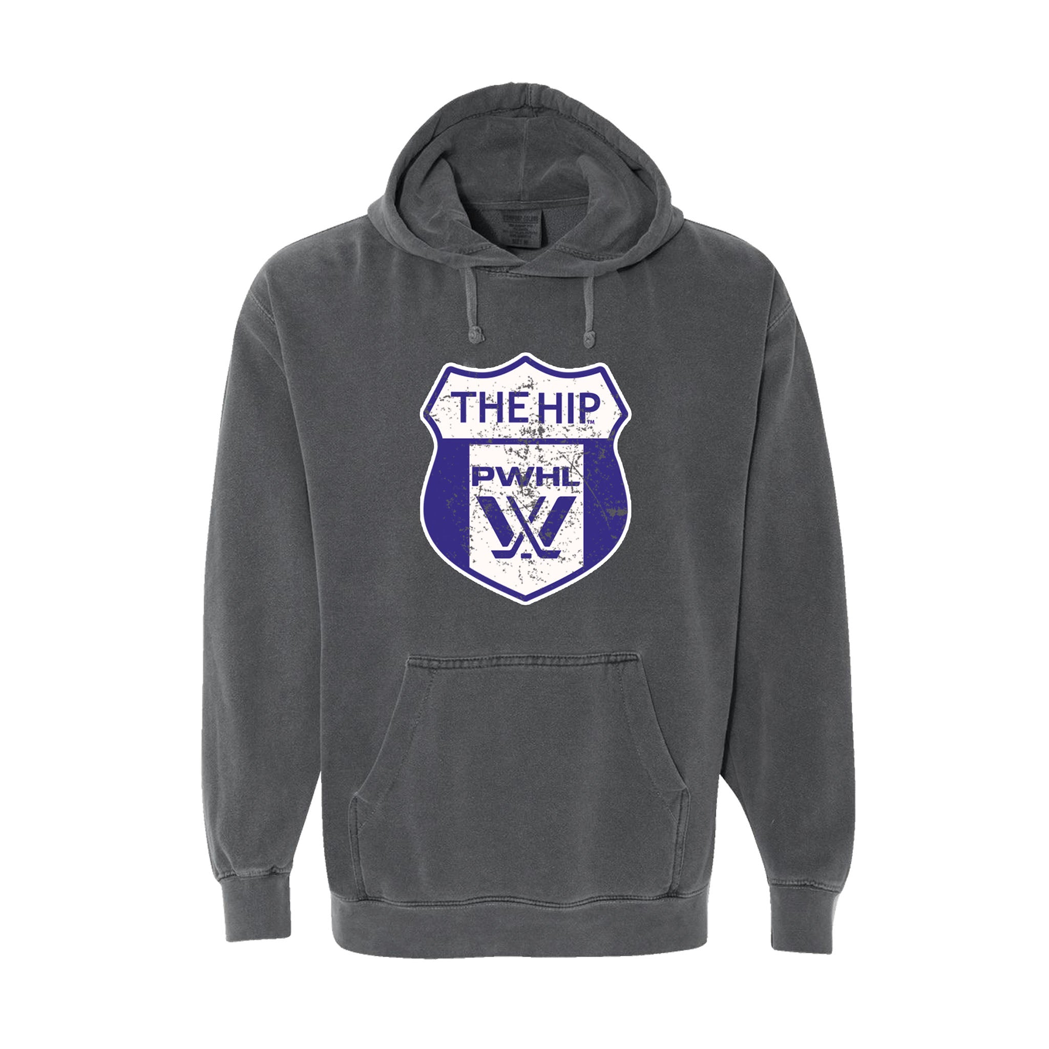 Gray hoodie with a logo on the chest against a white background