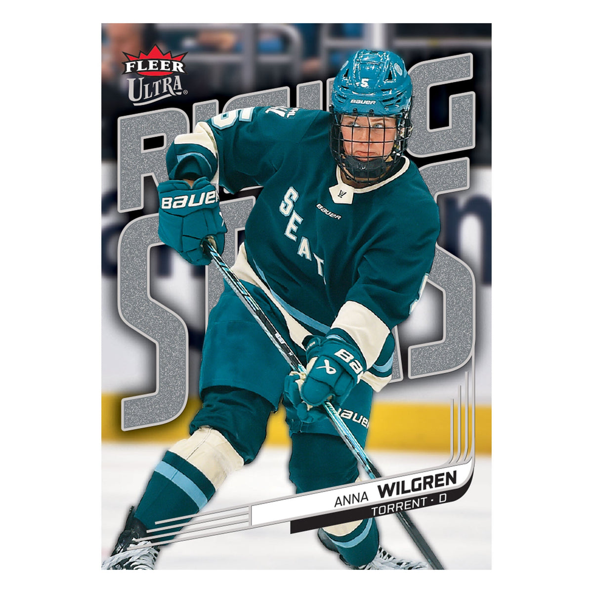 A Fleer Ultra hockey trading card featuring Anna Wilgren of the Seattle Torrent in a teal jersey, with large silver 'SEATTLE' lettering and the Fleer Ultra logo in the top left.