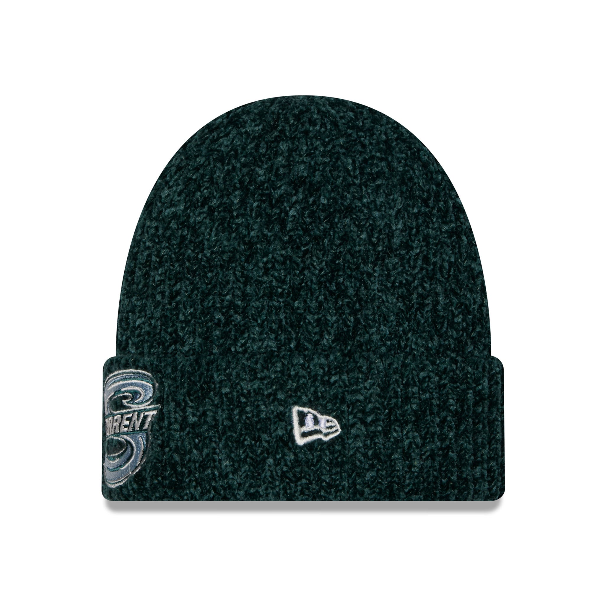 A dark green heathered knit beanie hat featuring a white embroidered New Era logo on the front and a silver and white Philadelphia Eagles logo on the folded cuff.