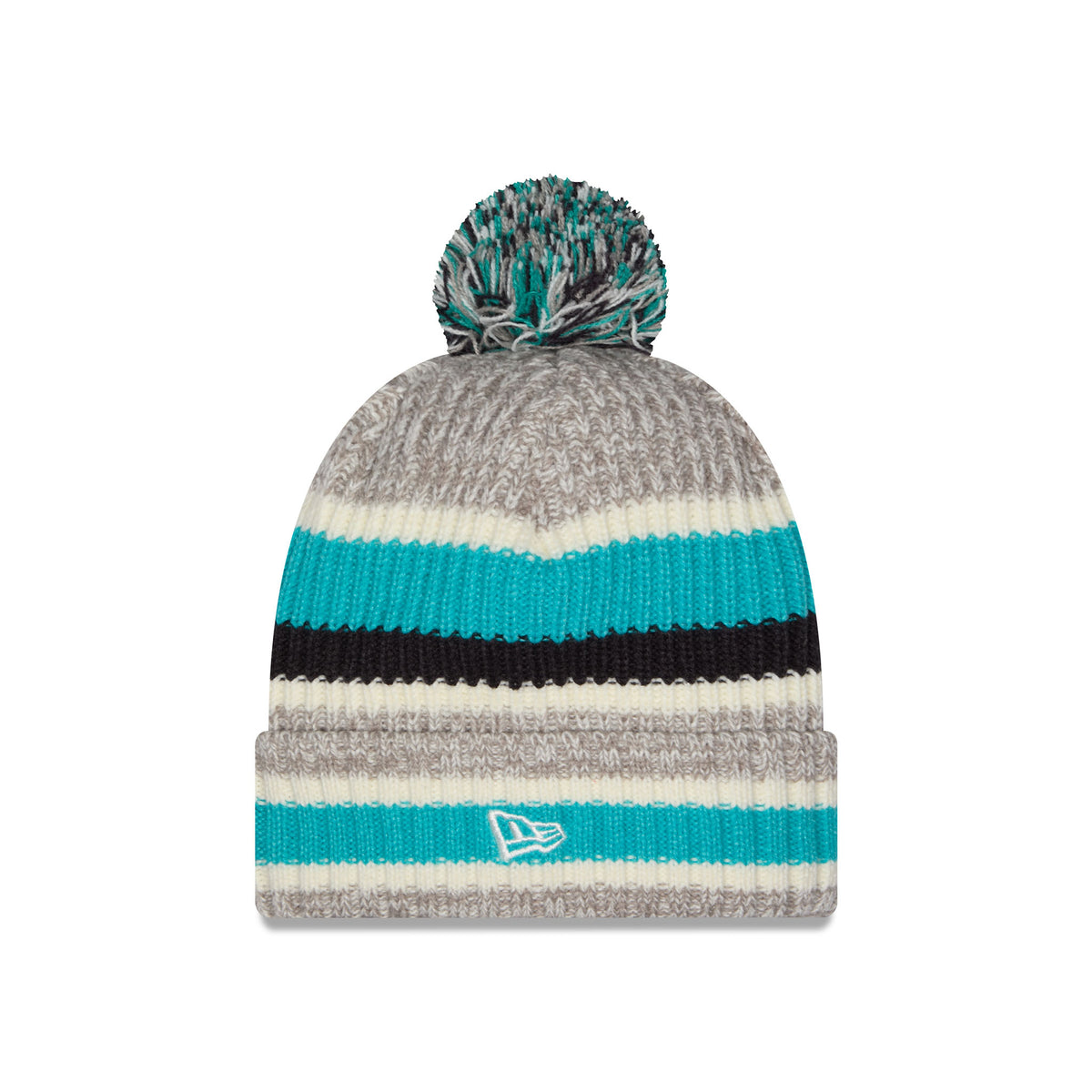 A gray and teal striped knit beanie with a multicolor pom-pom on top and a folded cuff featuring a white New Era logo.