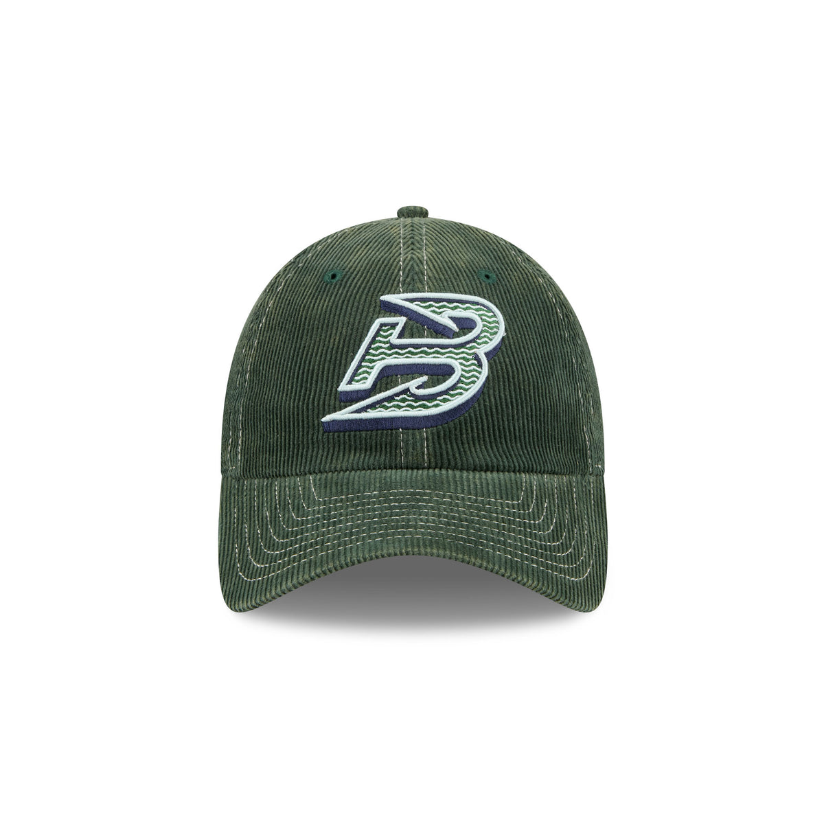 A dark green corduroy baseball cap featuring a stylized embroidered letter 'B' logo on the front in white and navy blue, set against a plain white background.
