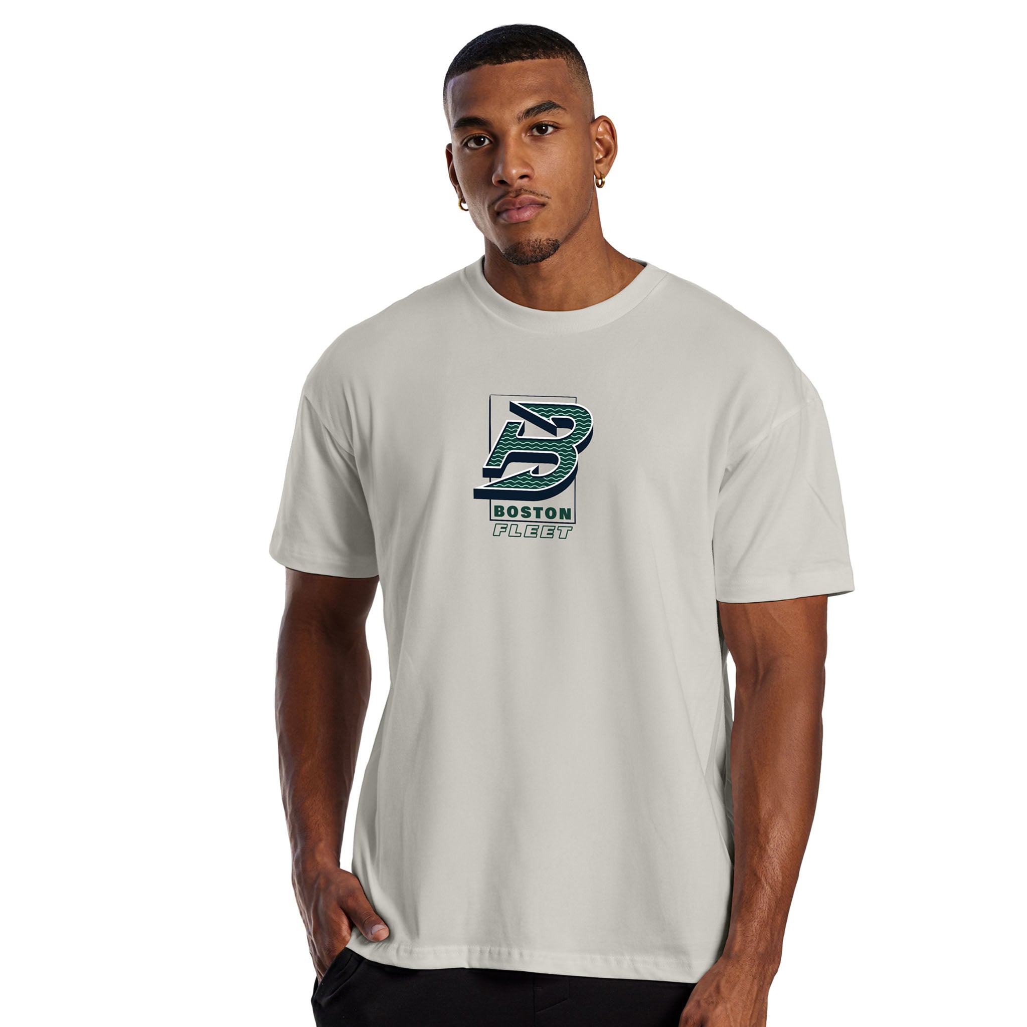 Man wearing a white t-shirt with a logo on a white background