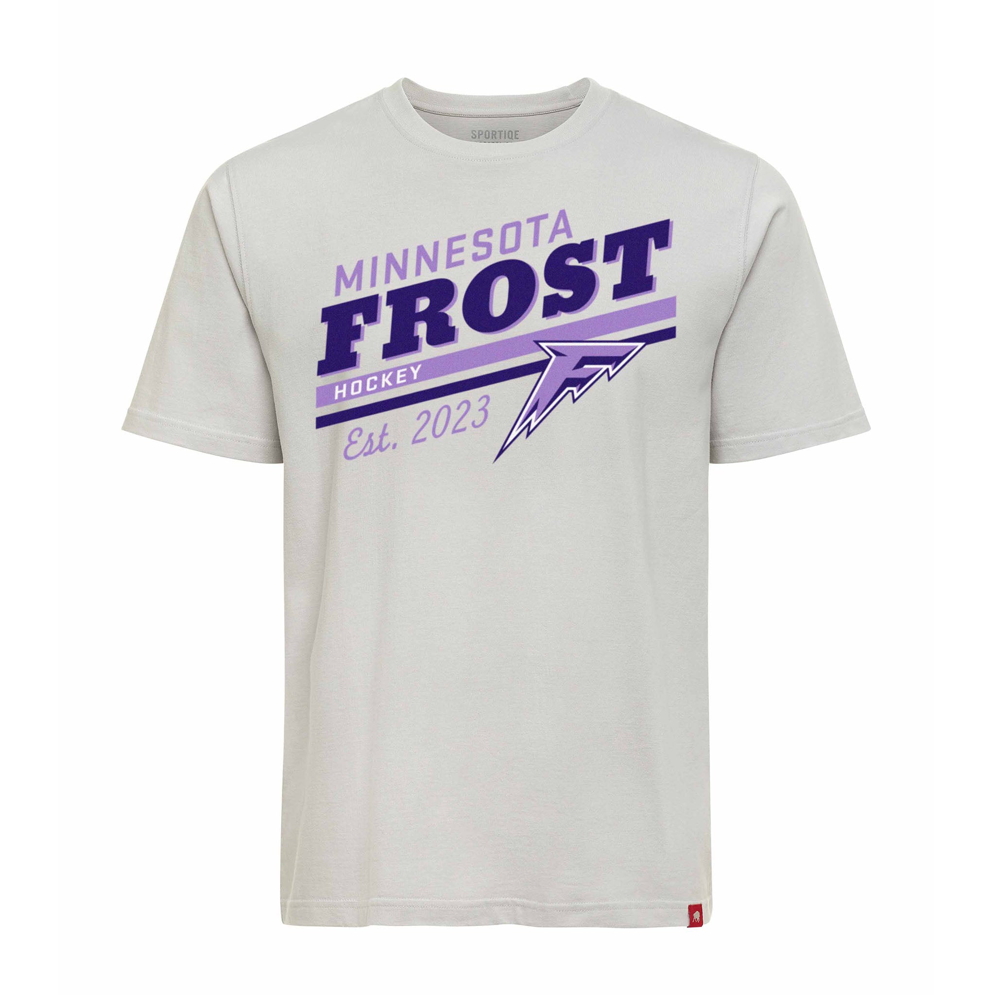 Gray t-shirt with 'Minnesota Frost Hockey' text and logo on a white background
