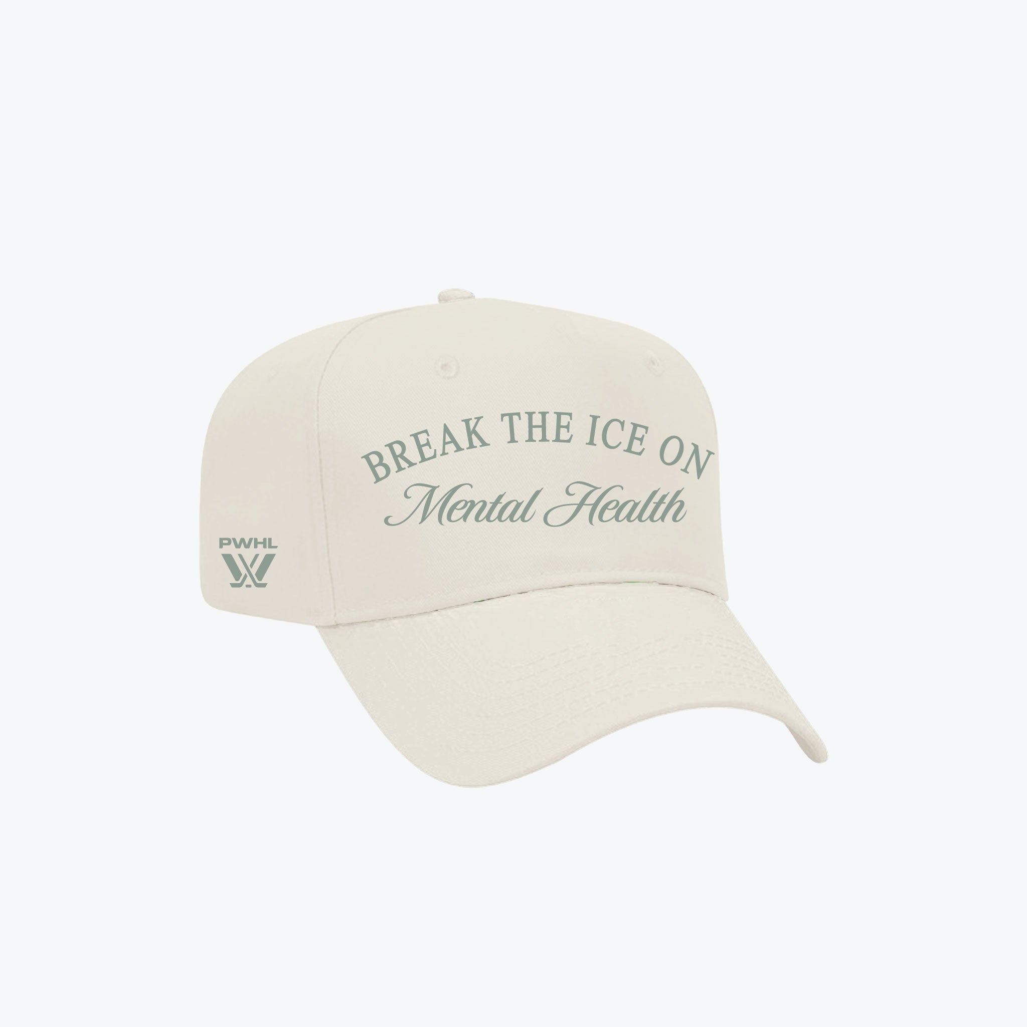 Beige cap with text 'Break the Ice on Mental Health' on a white background