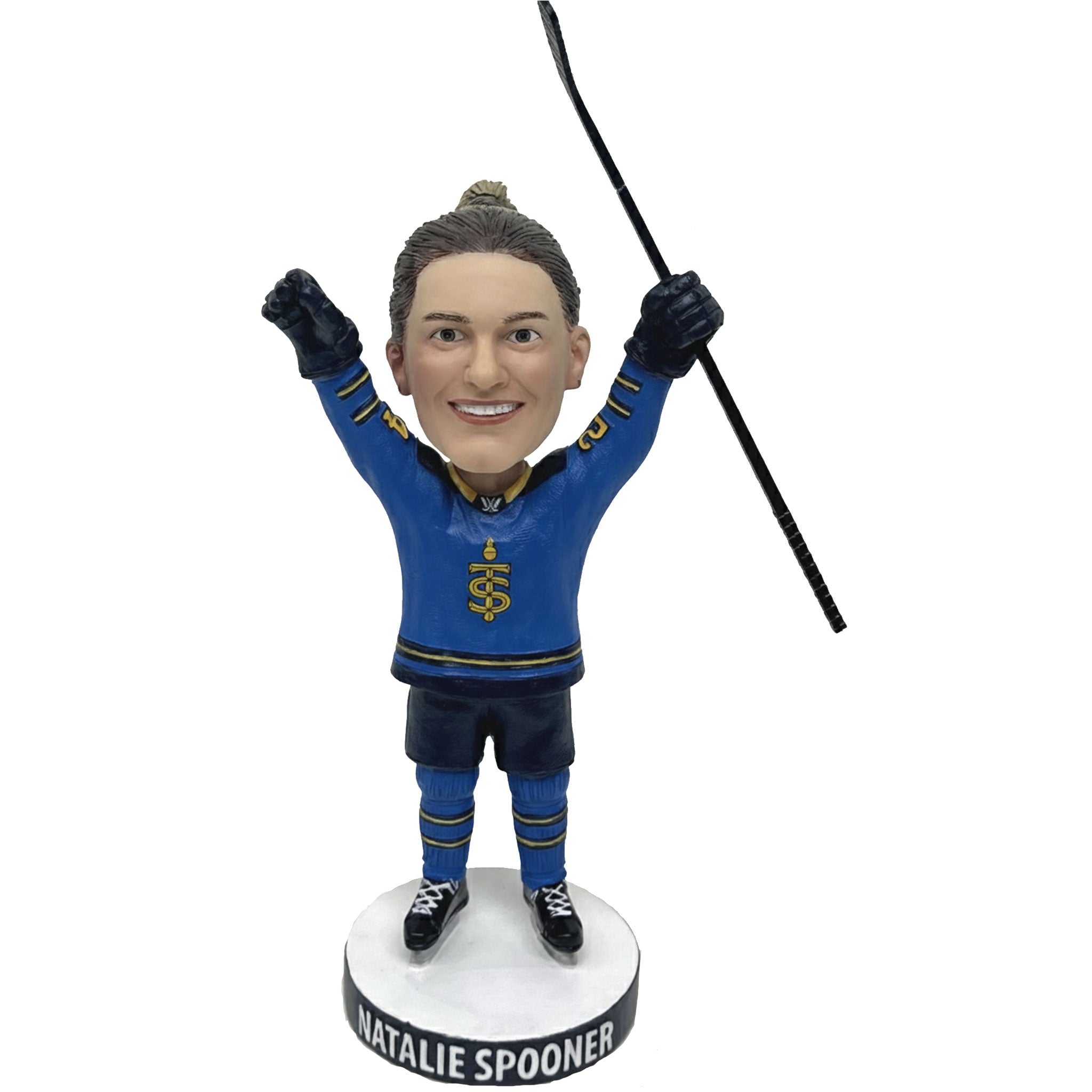 Bobblehead of a person in a blue outfit with a Hockey stick, on a white background