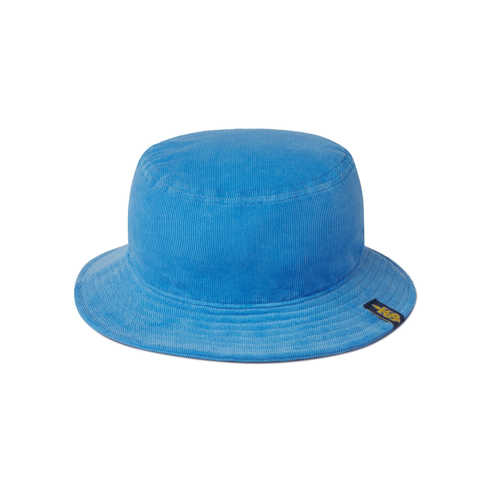 Blue bucket hat with a brand logo on a white background