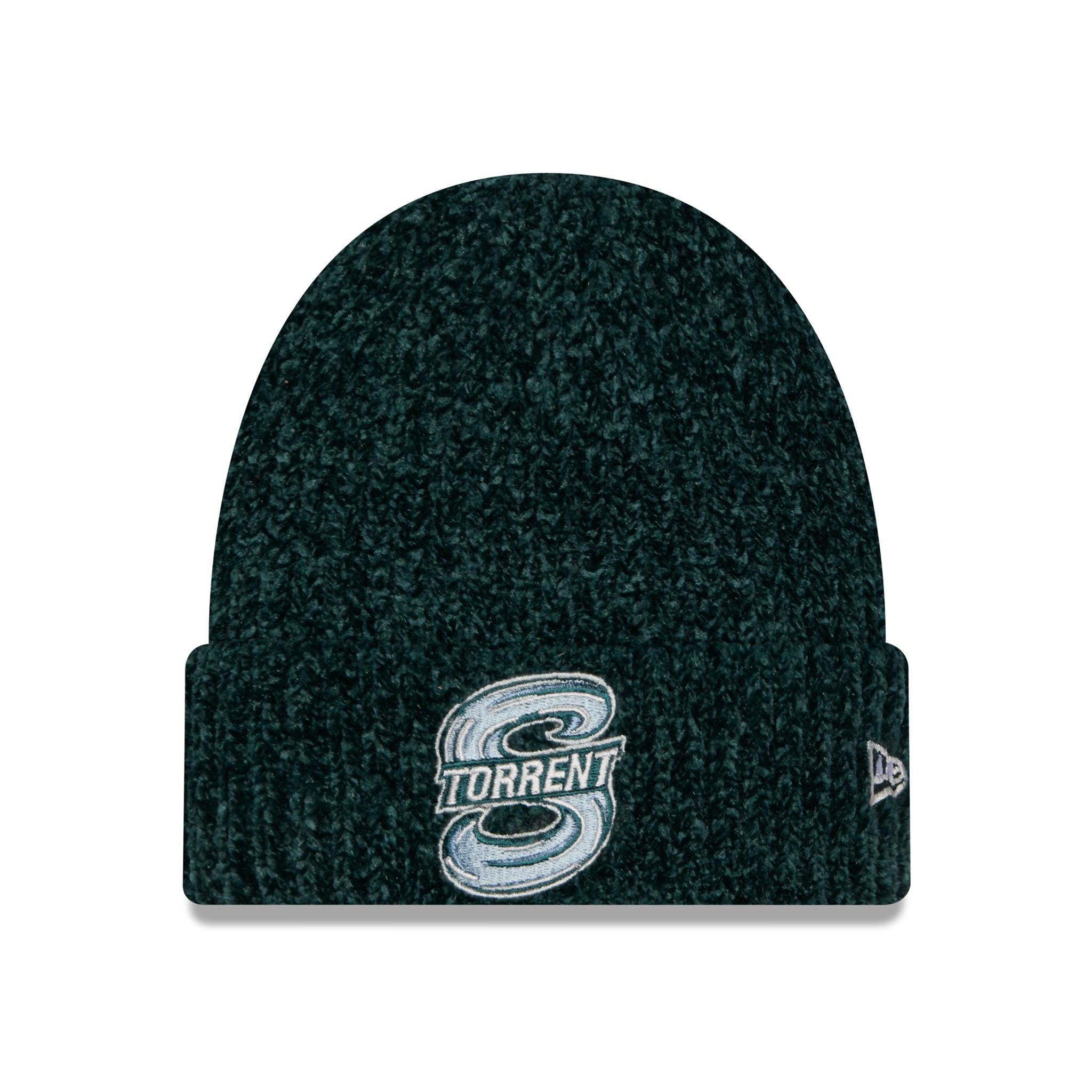 A dark green heathered knit beanie featuring a white and light blue embroidered 'S TORRENT' logo on the front cuff, with a small white New Era flag logo on the side, set against a plain white background.