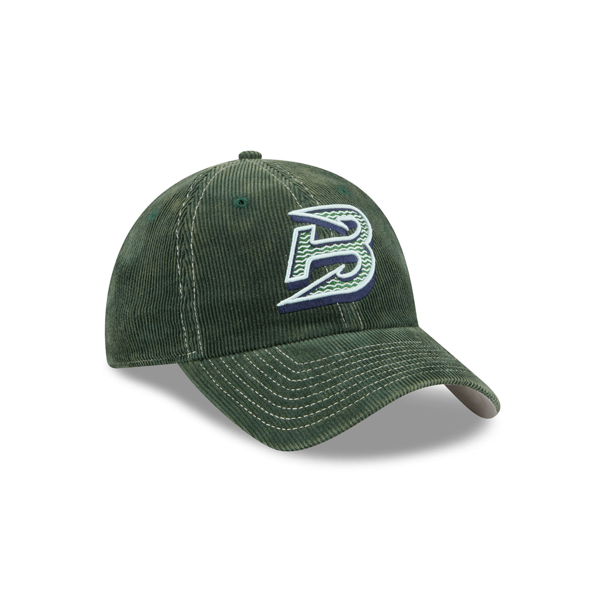 An olive green corduroy baseball cap with a stylized embroidered letter 'B' logo on the front, set against a plain white background.
