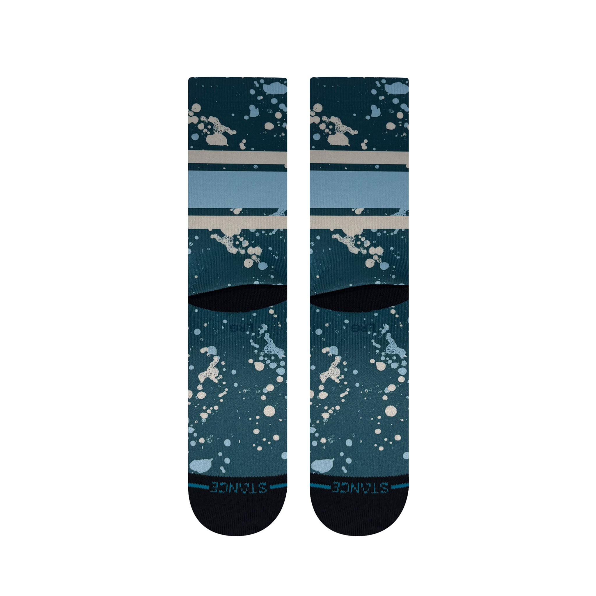 Pair of blue socks with white splatter pattern on a white background
