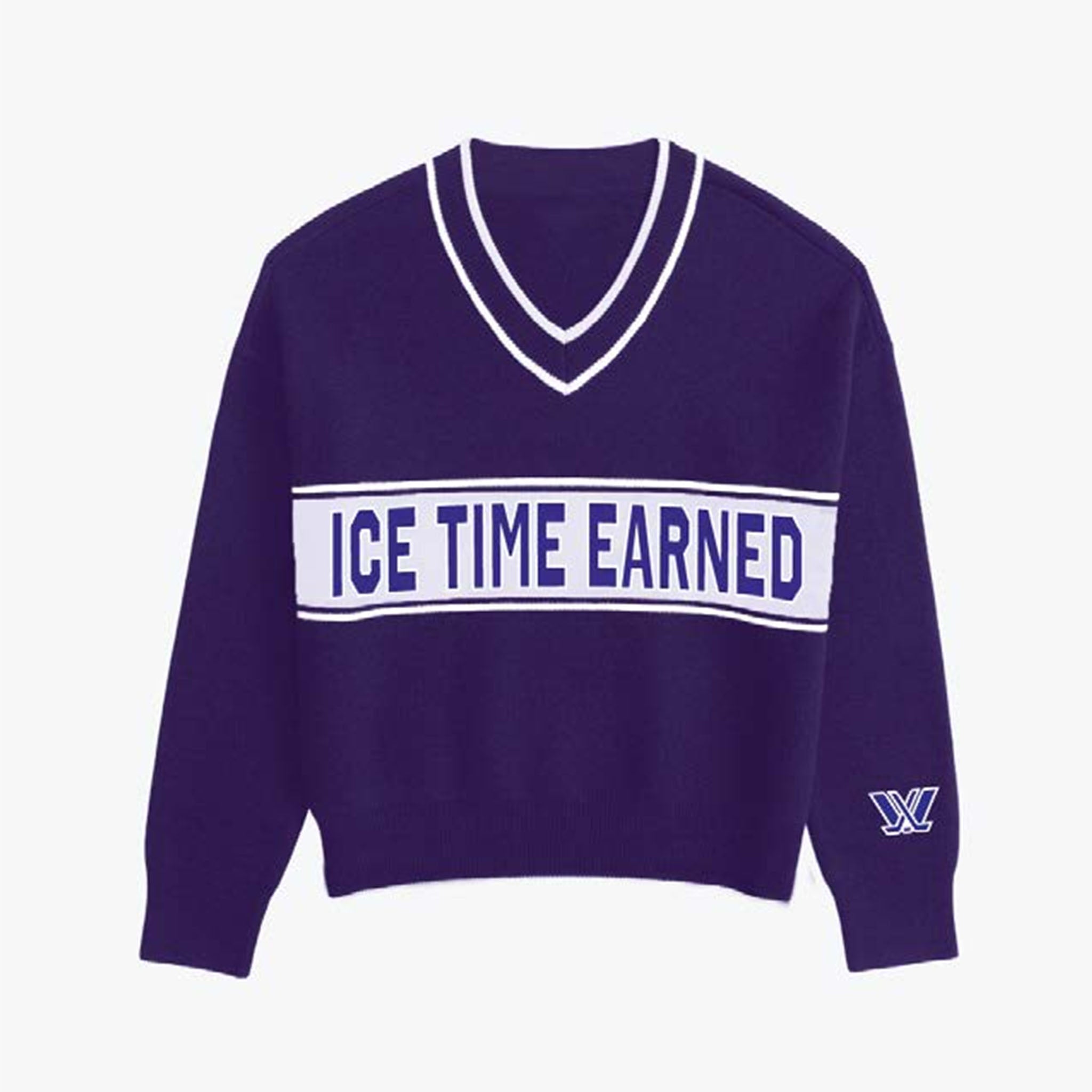 Purple sweater with 'ICE TIME EARNED' text and logo on a white background