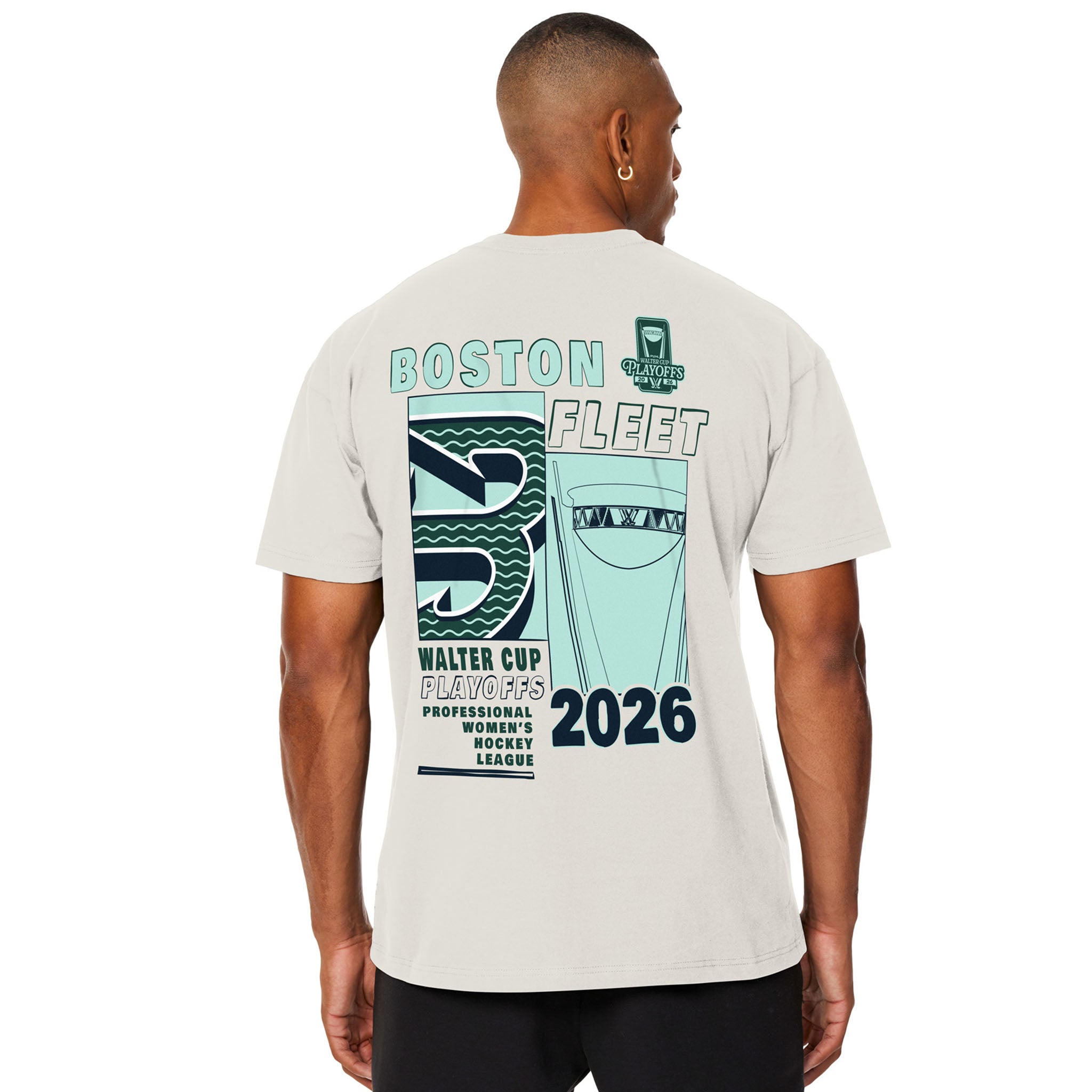 Person wearing a t-shirt with 'Boston Fleet' and 'Walter Cup' text on the back, on a white background