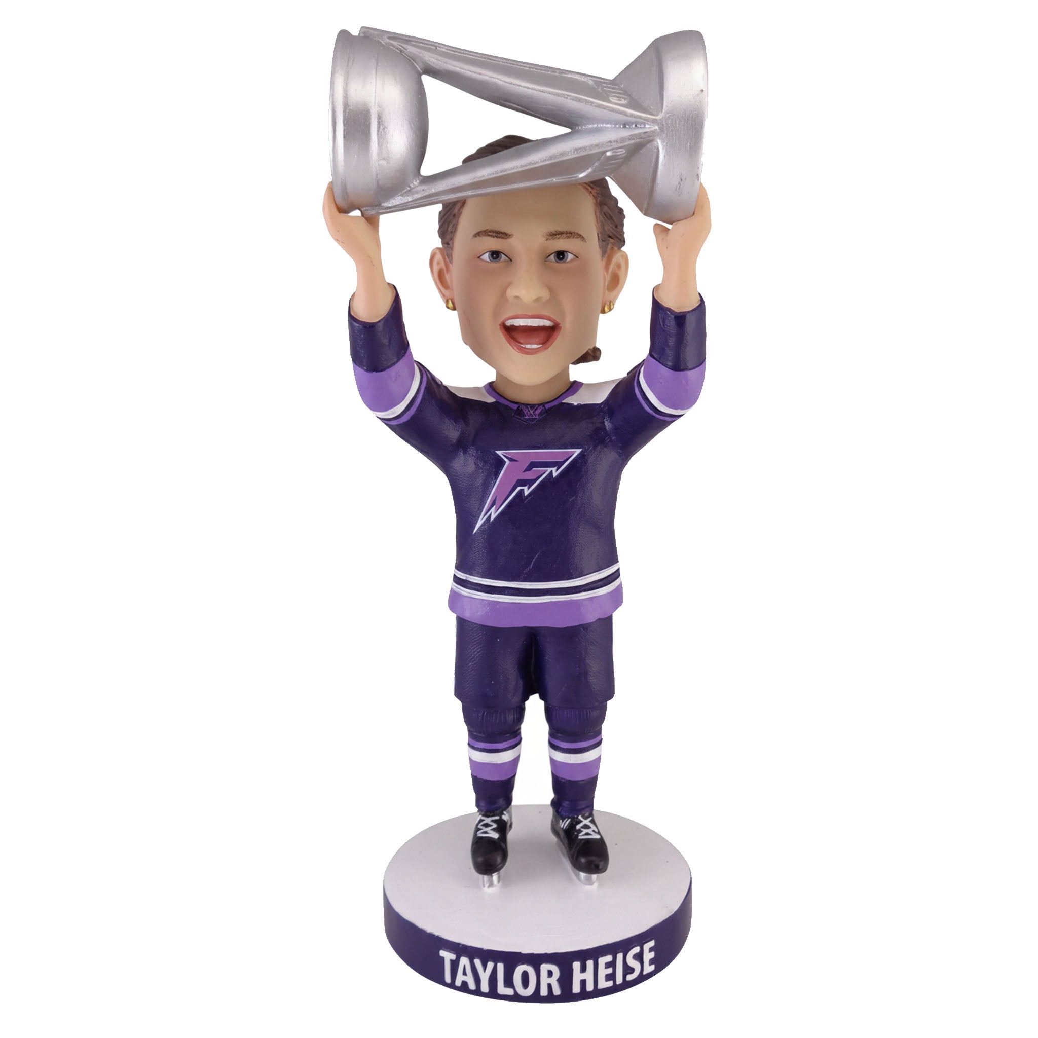 Bobblehead of a hockey player in a purple uniform holding a silver trophy on a white background