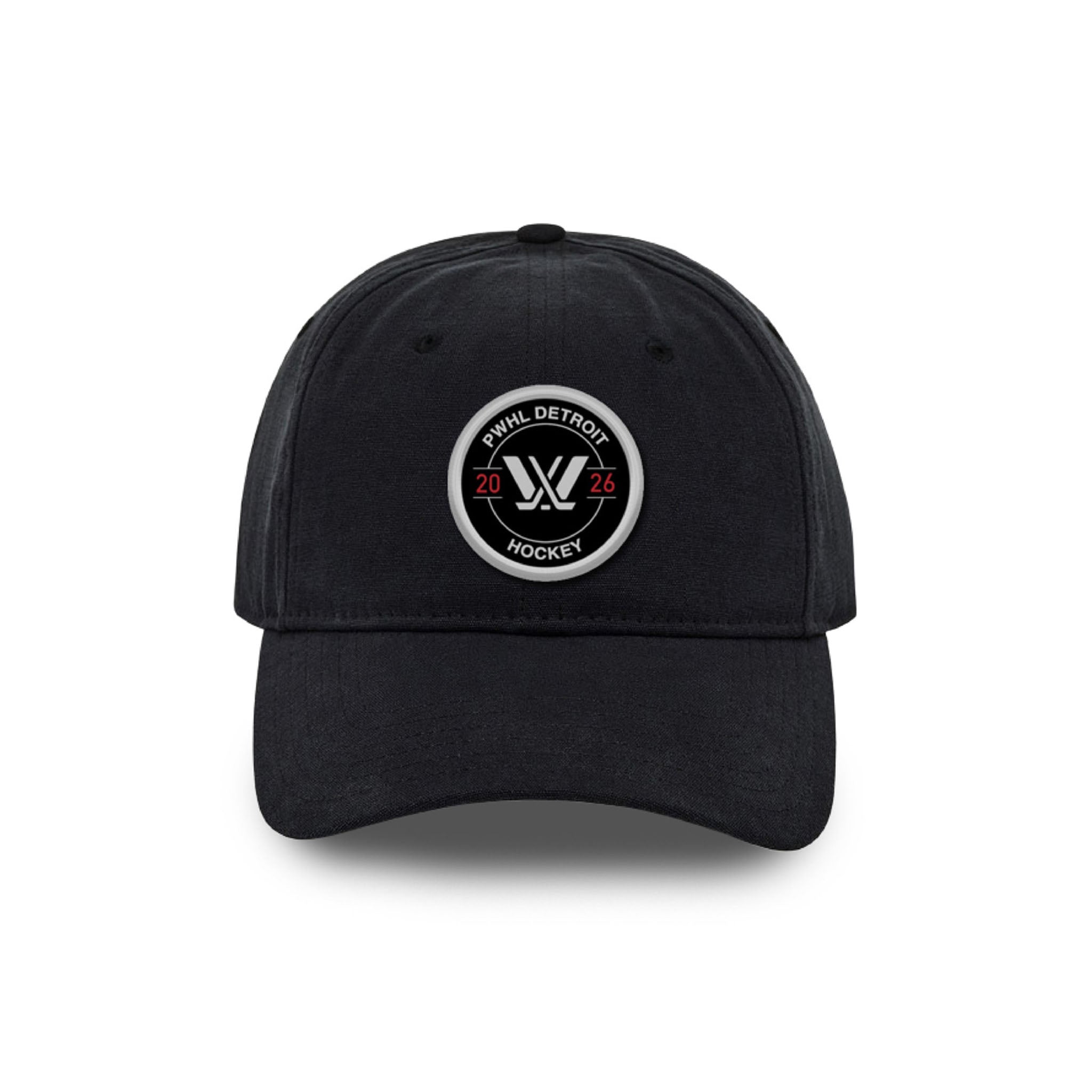 Black cap with a logo on a white background