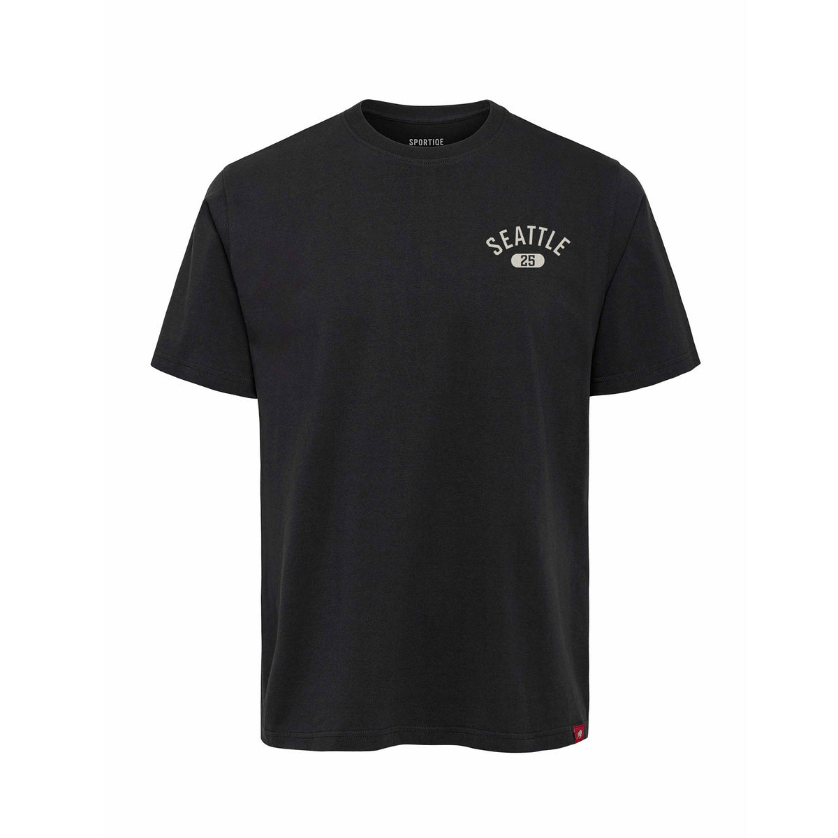 Front of a coal-color short sleeve shirt. On the left chest, 'SEATTLE' in white arched writing with '25' in a white oval below it. 
