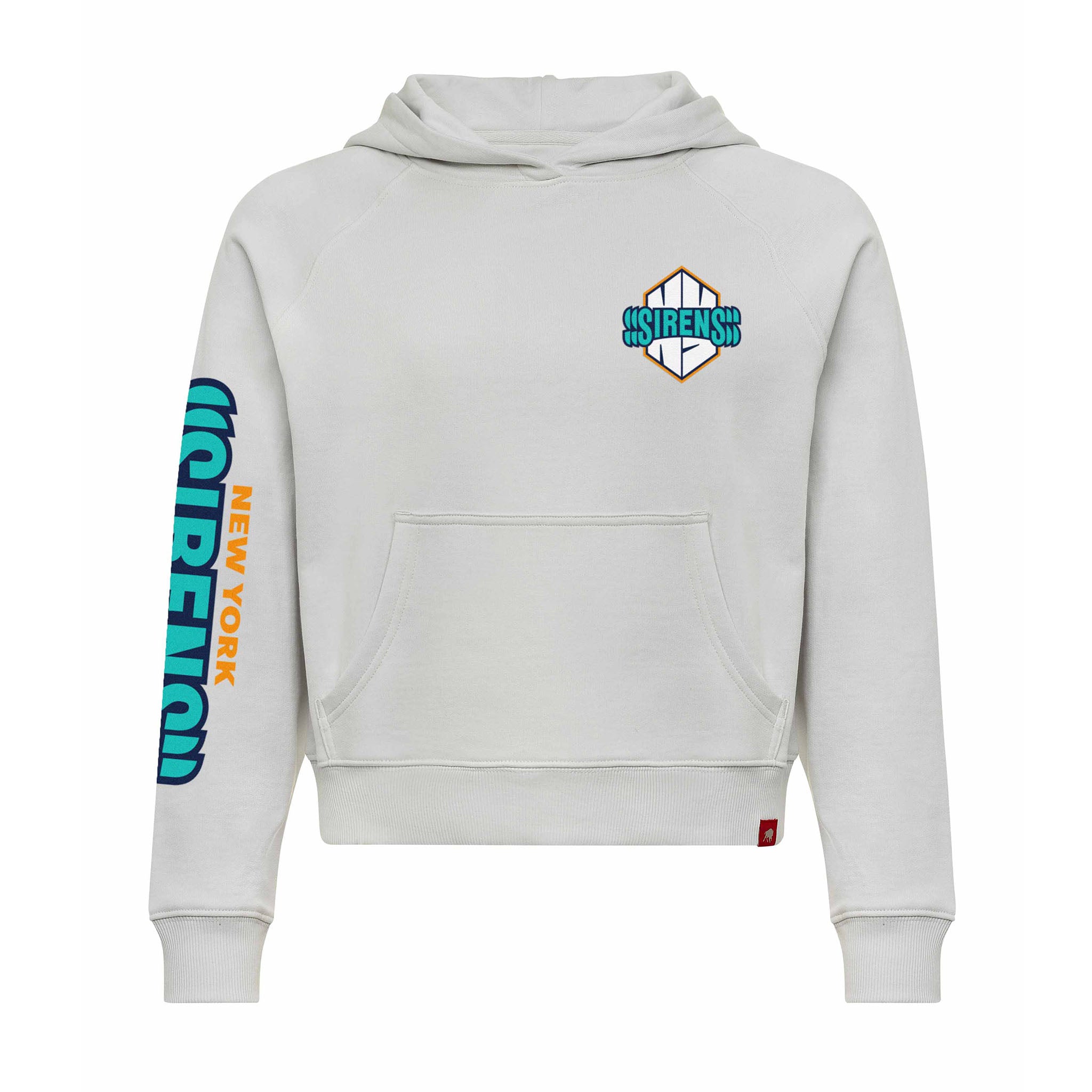White hoodie with colorful graphics and text on a white background