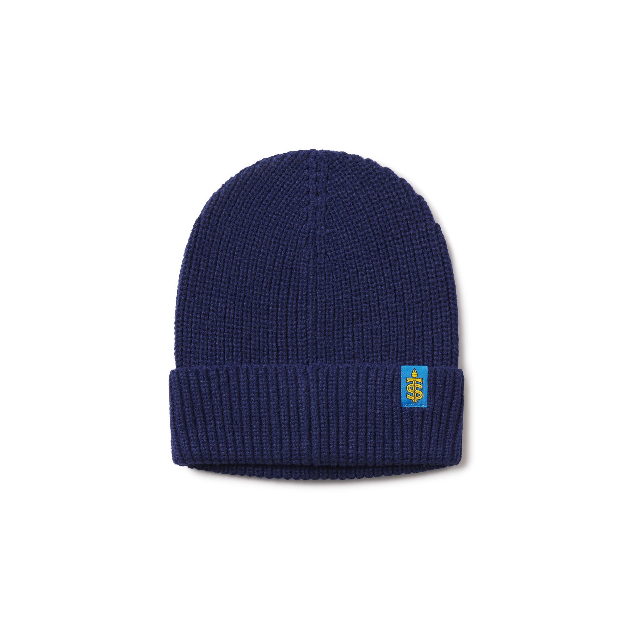 Navy blue beanie with a logo on a white background