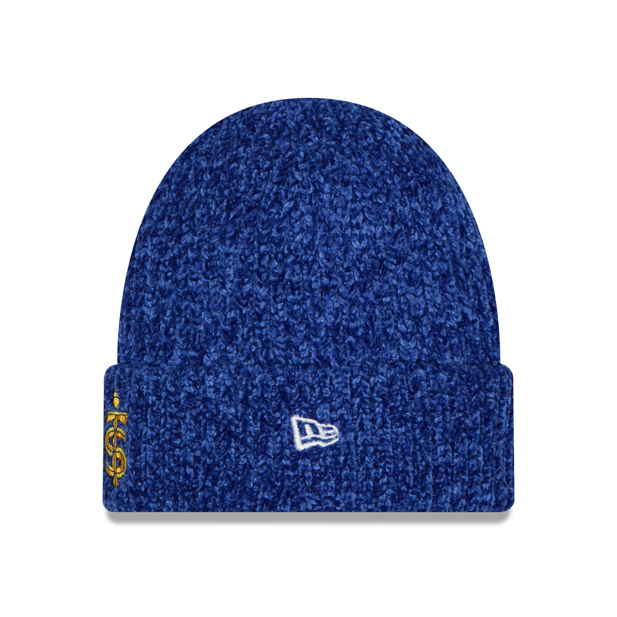 A blue heathered knit beanie hat with a folded cuff, featuring a white embroidered New Era logo on the front and a gold embroidered logo on the side, shown against a plain white background.