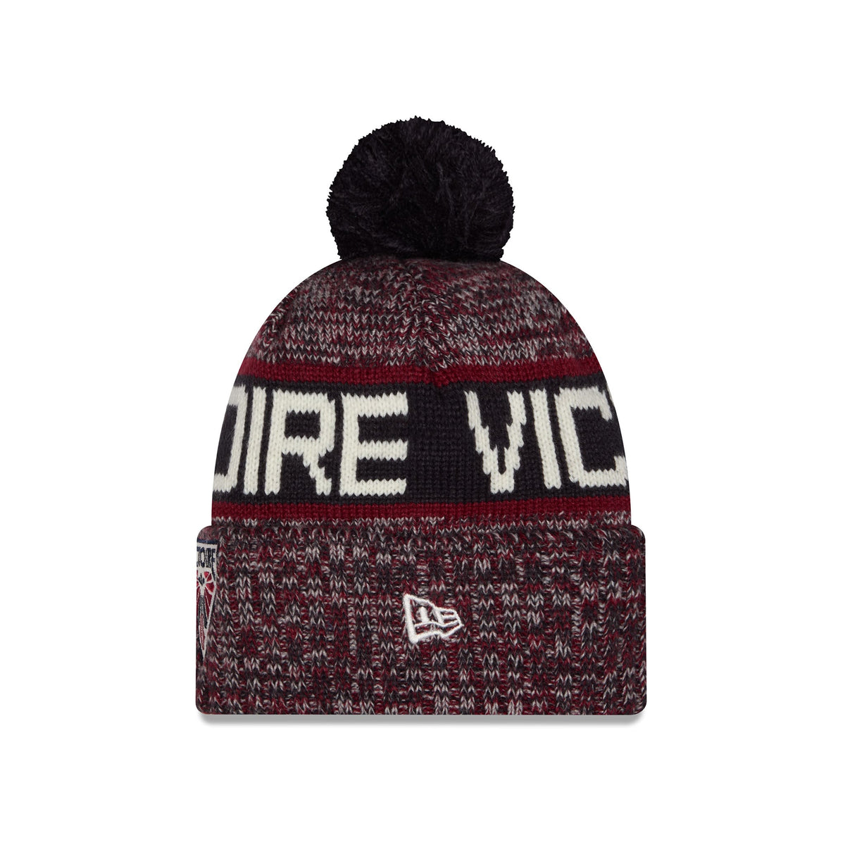 A New Era knit pom-pom beanie featuring a marled burgundy, black, and white pattern, with a black band across the crown displaying the text 'VICTOIRE' in white and a small white New Era flag logo on the cuff.