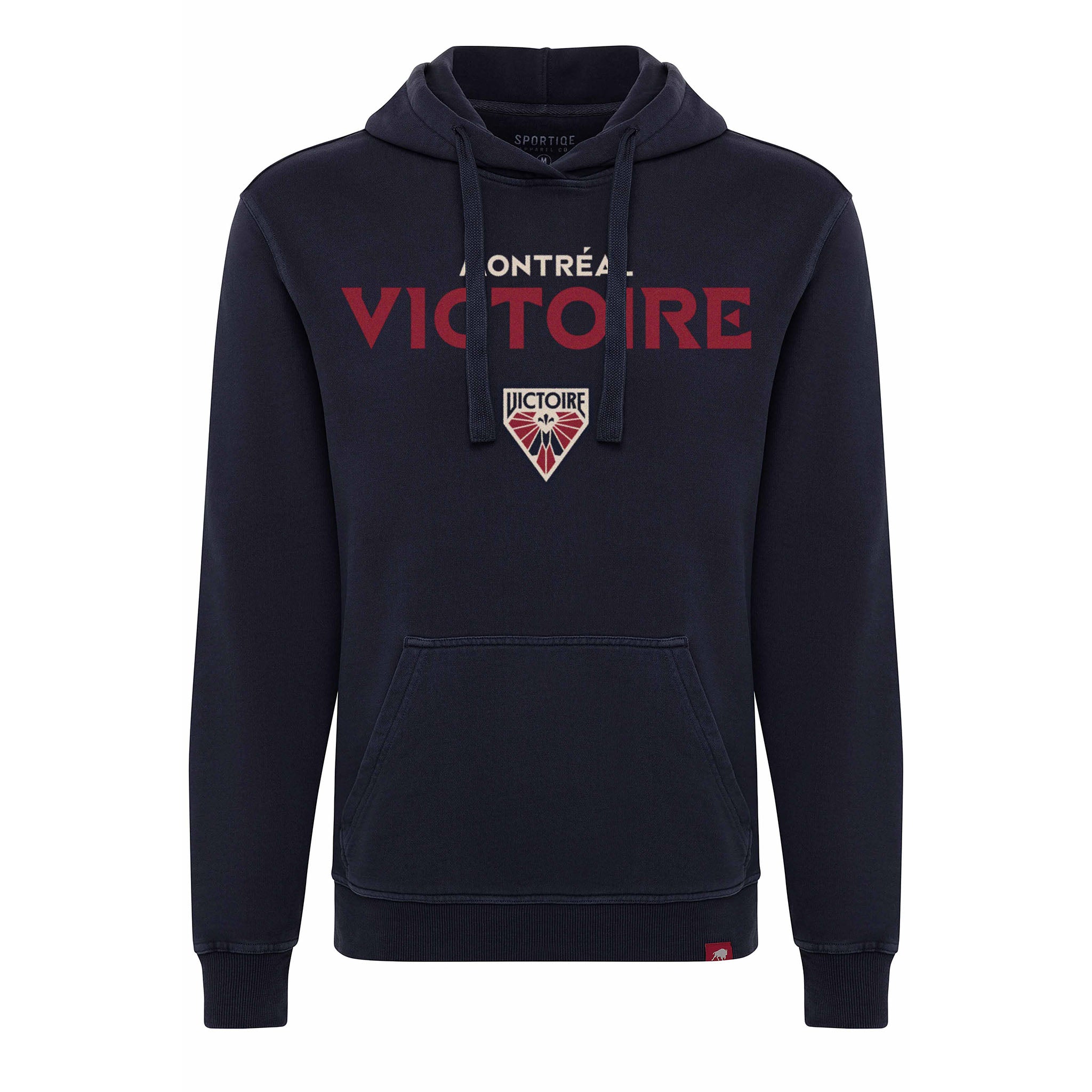 Navy blue hoodie with red and white text and logo on a white background