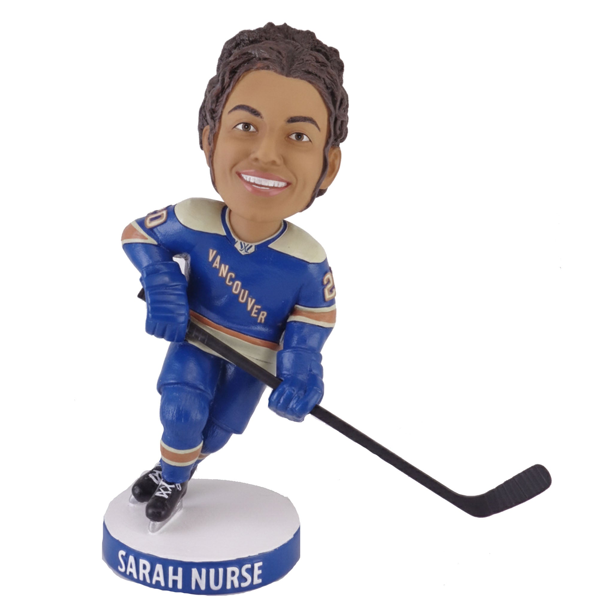 Bobblehead of a hockey player in a blue uniform with a stick, on a white background