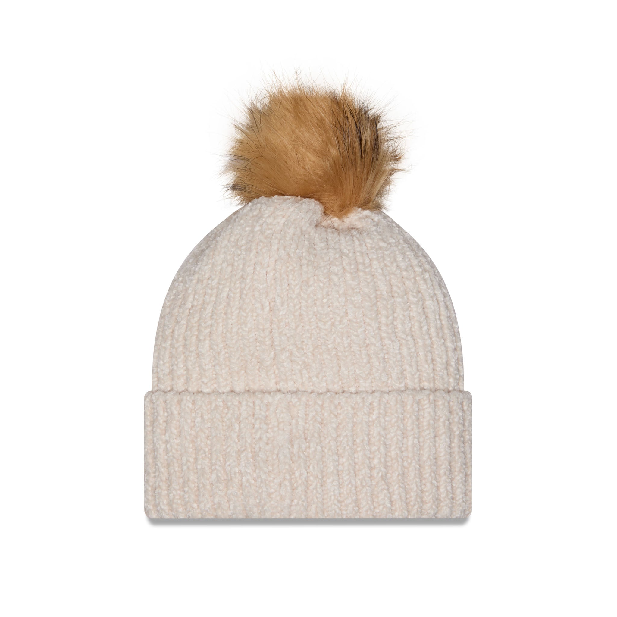 A ribbed knit beanie hat in a light oatmeal beige color, featuring a fluffy tan faux fur pom-pom on top, shown against a plain white background.