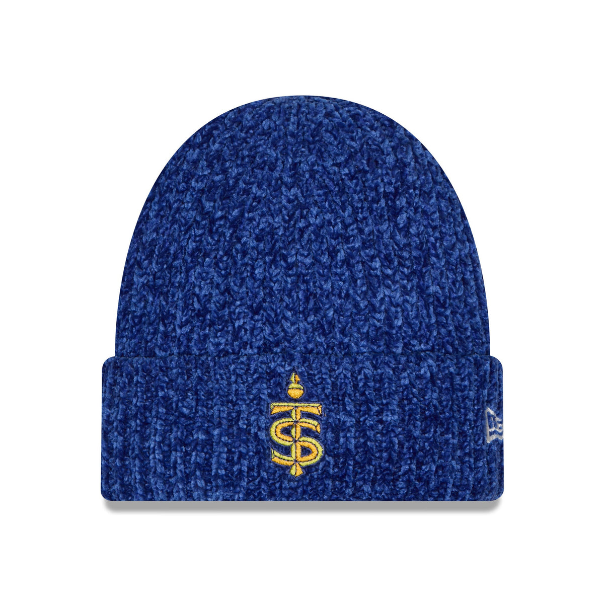 A blue heathered knit beanie with a gold embroidered monogram logo on the front cuff, shown against a plain white background.