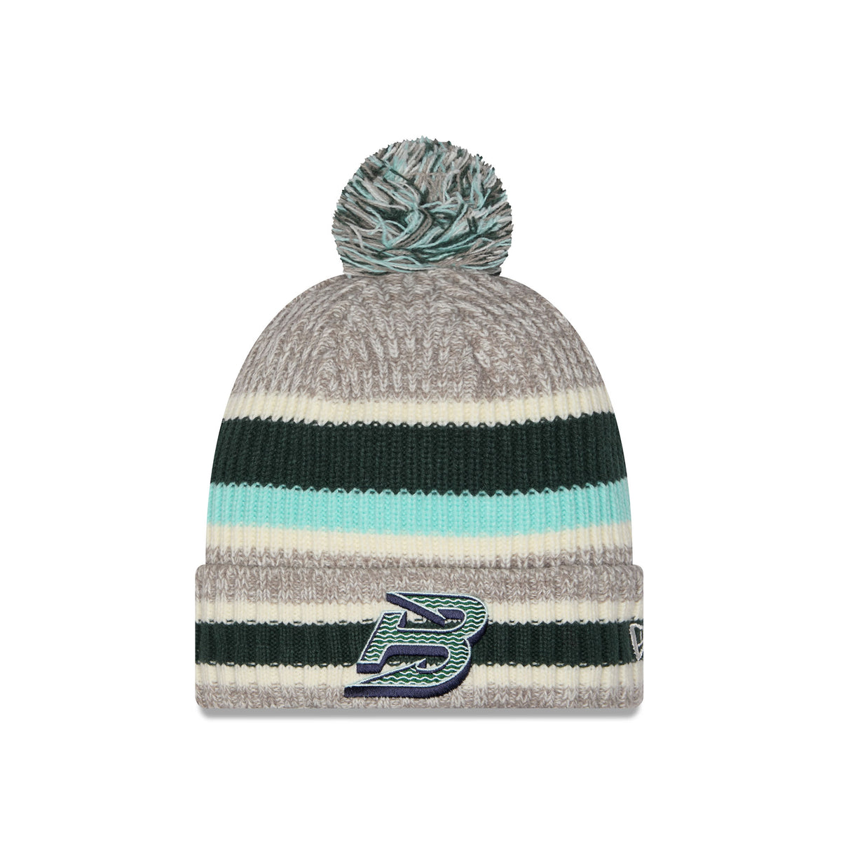 A knit pom-pom beanie hat featuring horizontal stripes in heather gray, dark green, cream, and light aqua, with a large stylized 'B' logo and a small New Era flag logo on the cuff.