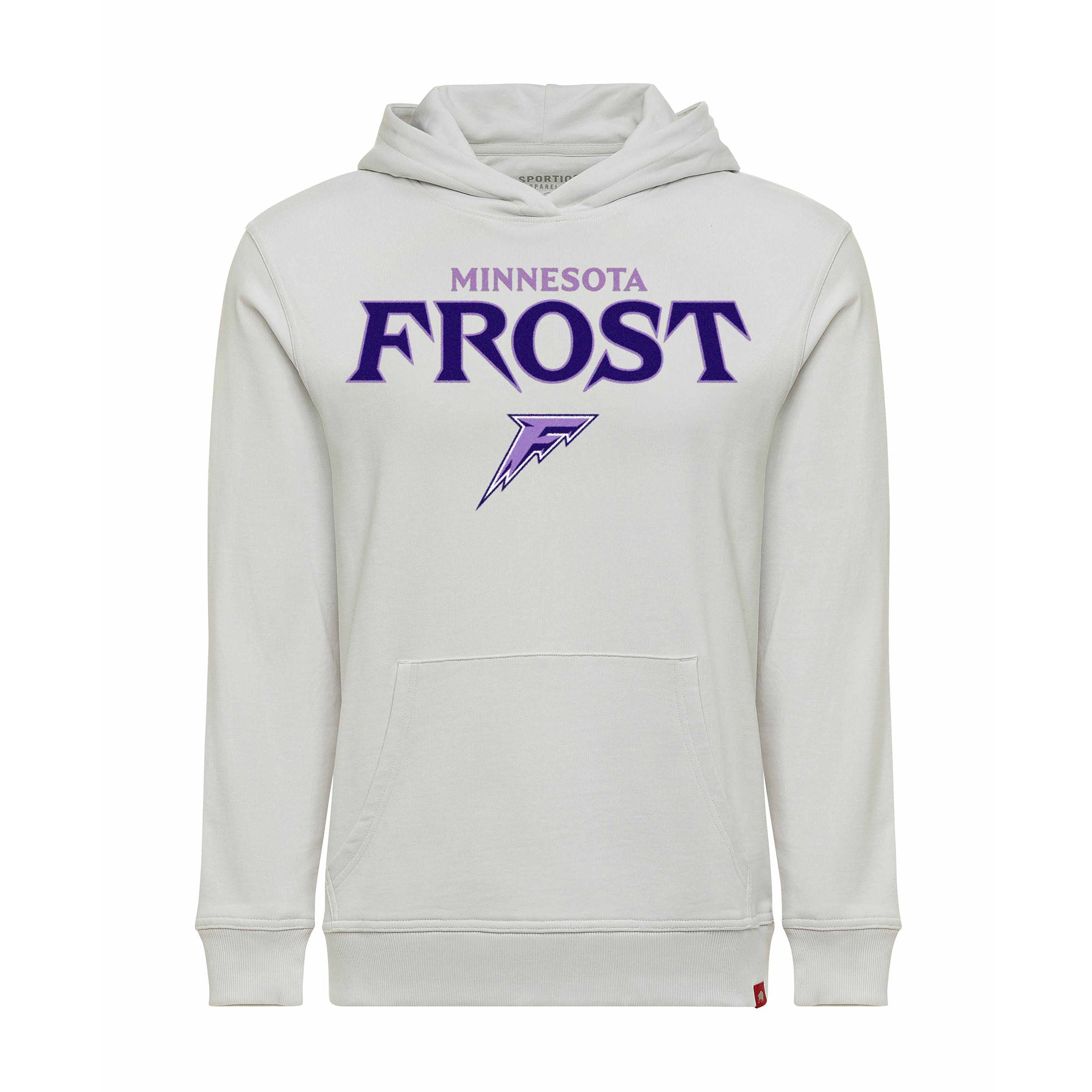White hoodie with 'Minnesota Frost' text and logo on a white background