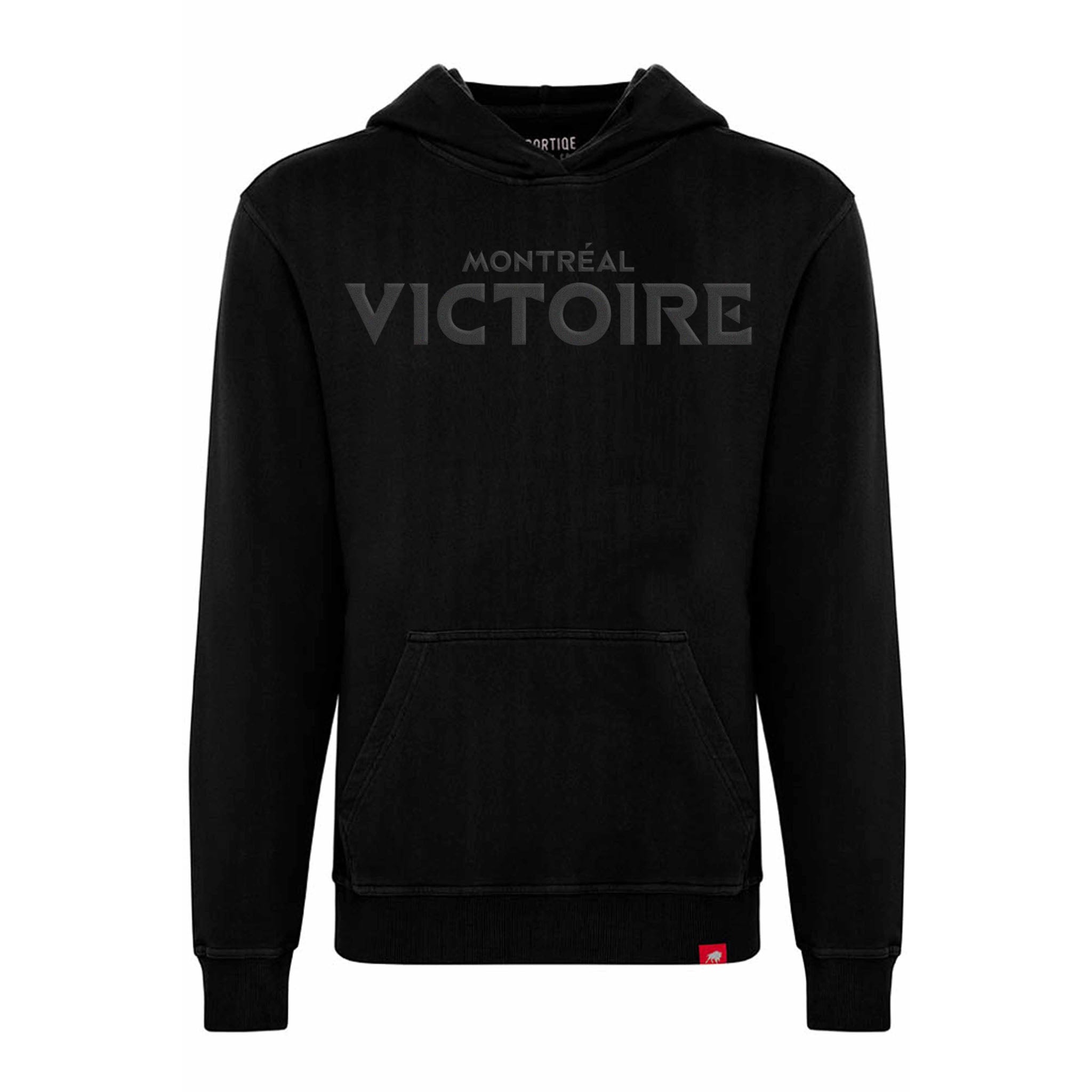 Black hoodie with 'Montreal Victoire' text on a white background