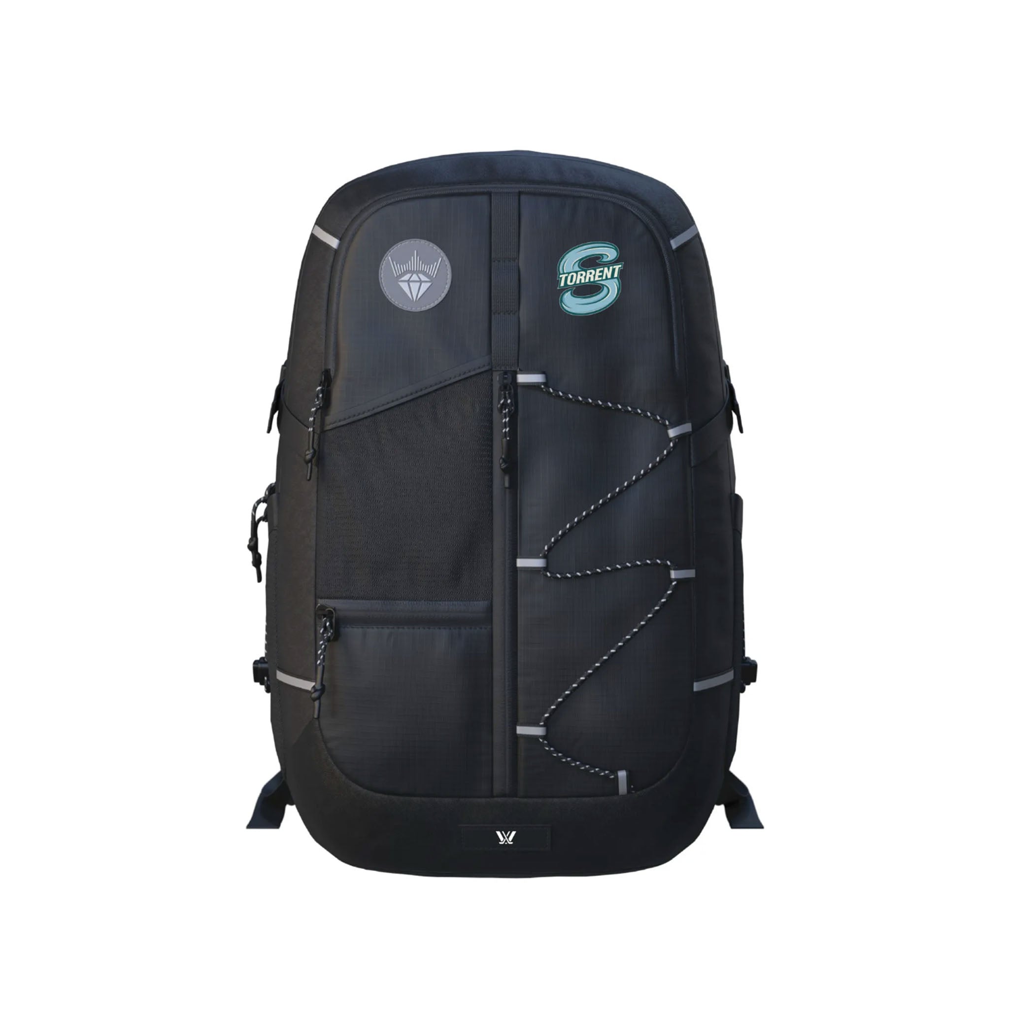 A black backpack with multiple zippered compartments, silver reflective straps, and two circular brand patches on the front, shown against a plain white background.