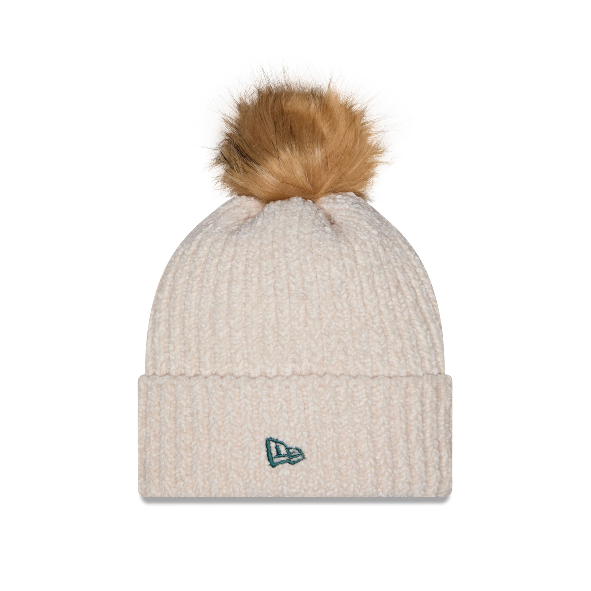 A beige ribbed knit beanie with a fluffy tan pom-pom on top and a small embroidered New Era logo on the front cuff.