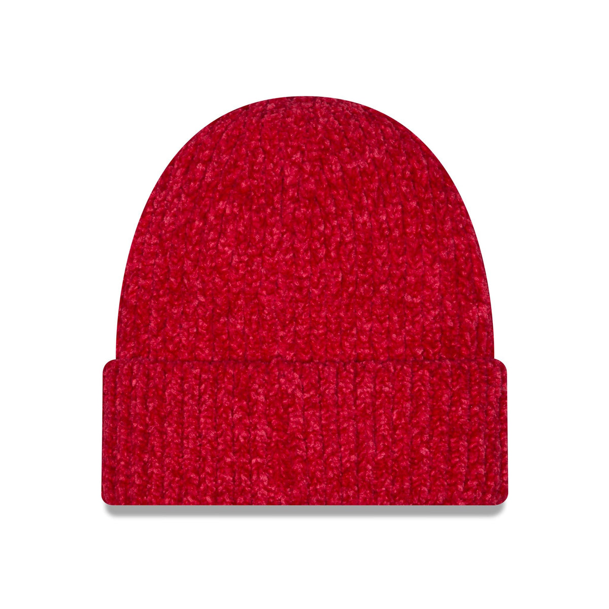 A bright red textured knit beanie hat with a folded cuff, shown against a plain white background.