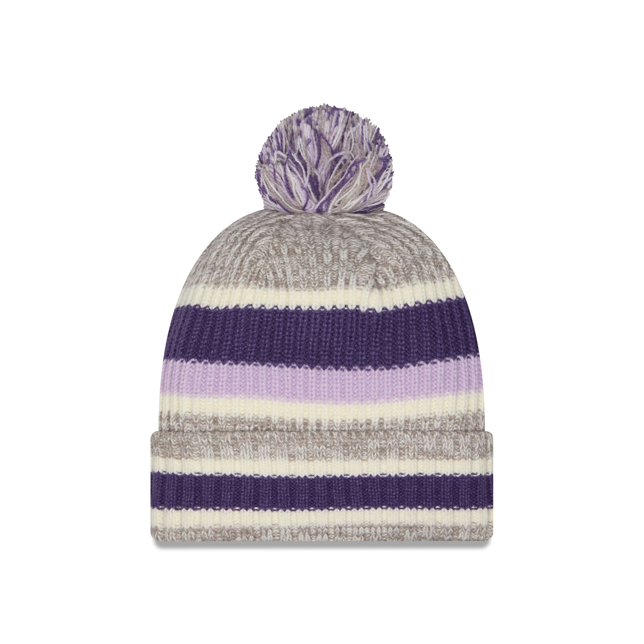 A striped knit pom-pom beanie hat featuring horizontal bands of heather gray, purple, lavender, and off-white, topped with a matching striped pom-pom.
