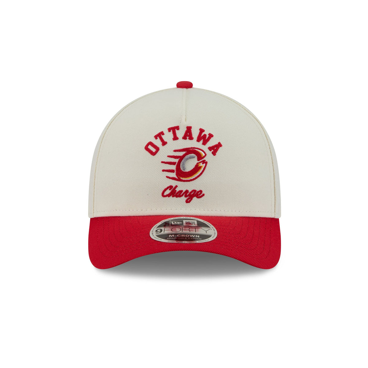 A structured baseball cap with an off-white crown and a red visor, featuring red embroidered text reading 'OTTAWA Charge'  logo on the front. A silver and black New Era 9FORTY sticker is visible on the visor.