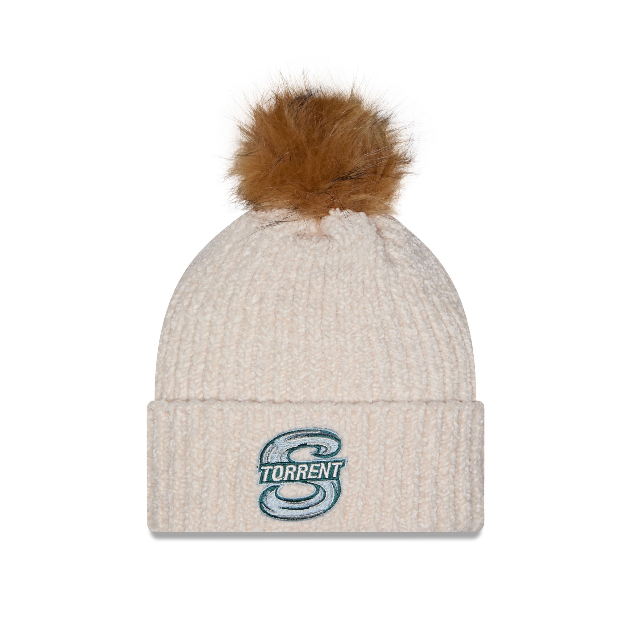 A cream-colored ribbed knit beanie hat with a brown faux-fur pom-pom on top and a cuffed brim featuring a teal and white embroidered 'TORRENT' logo, shown against a plain white background.
