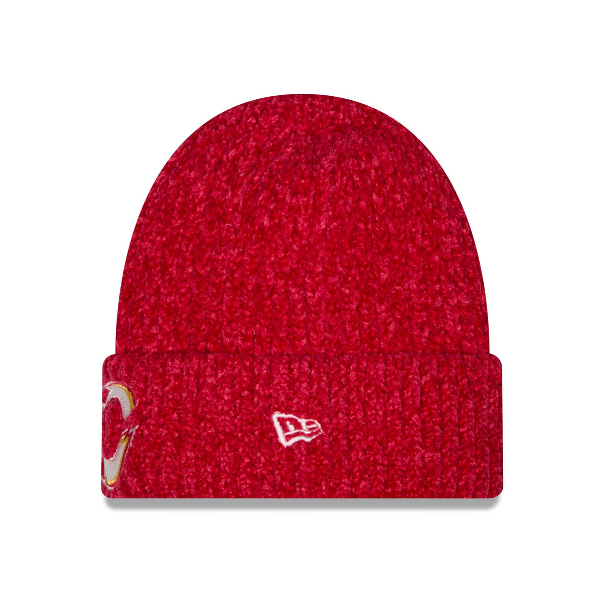 A red heathered knit beanie hat featuring a folded cuff with a small white embroidered New Era logo on the front and a gold and red Chargers logo on the side, shown against a plain white background.