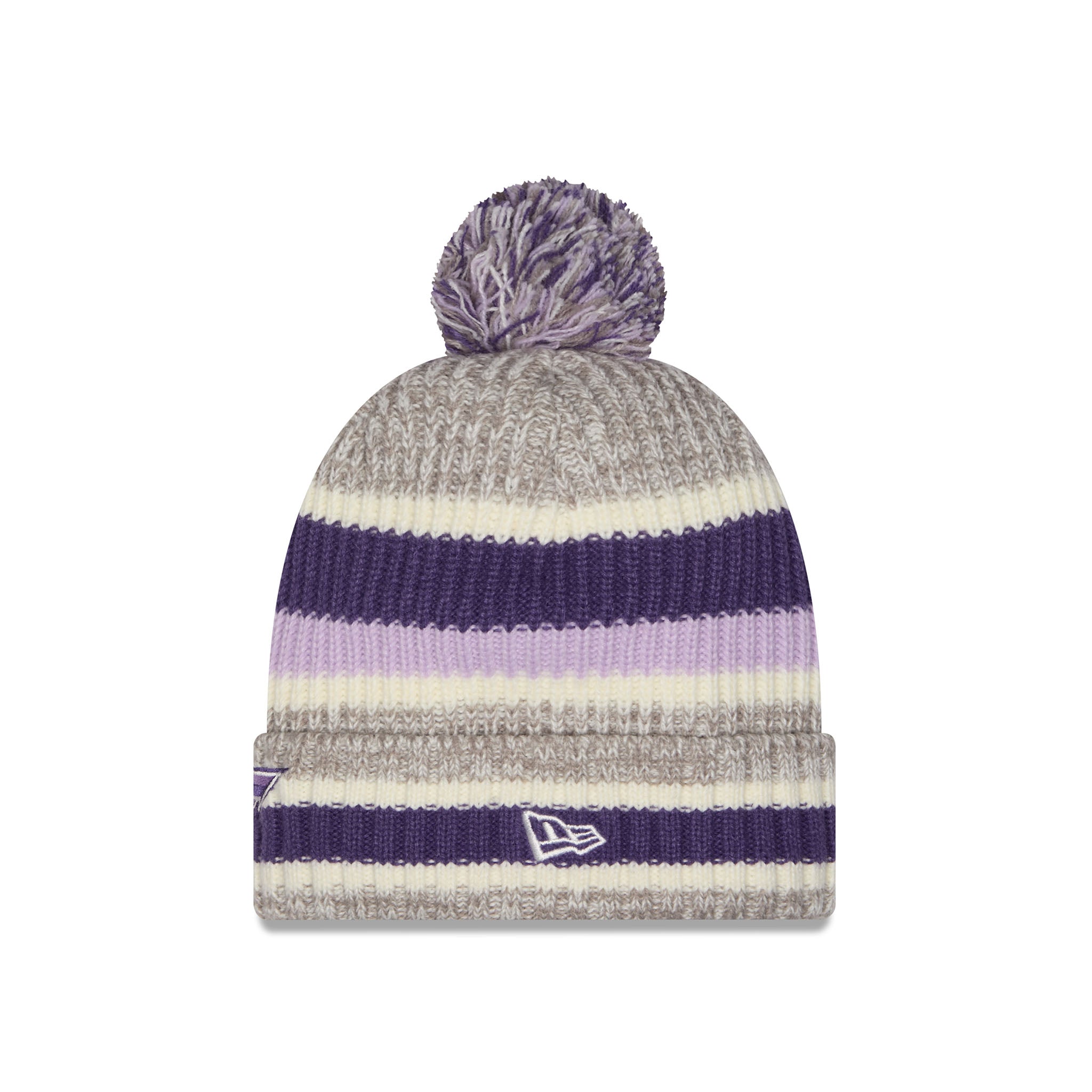 A striped knit pom-pom beanie hat in heather gray, cream, lavender, and purple, featuring a white New Era flag logo on the front cuff.