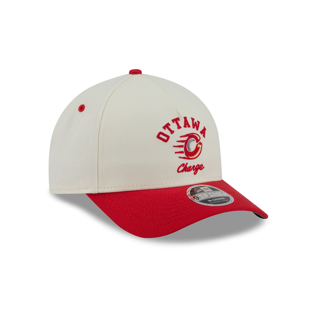 An Ottawa Charge baseball cap by New Era, featuring an off-white crown with red embroidered lettering and logo, and a red visor.