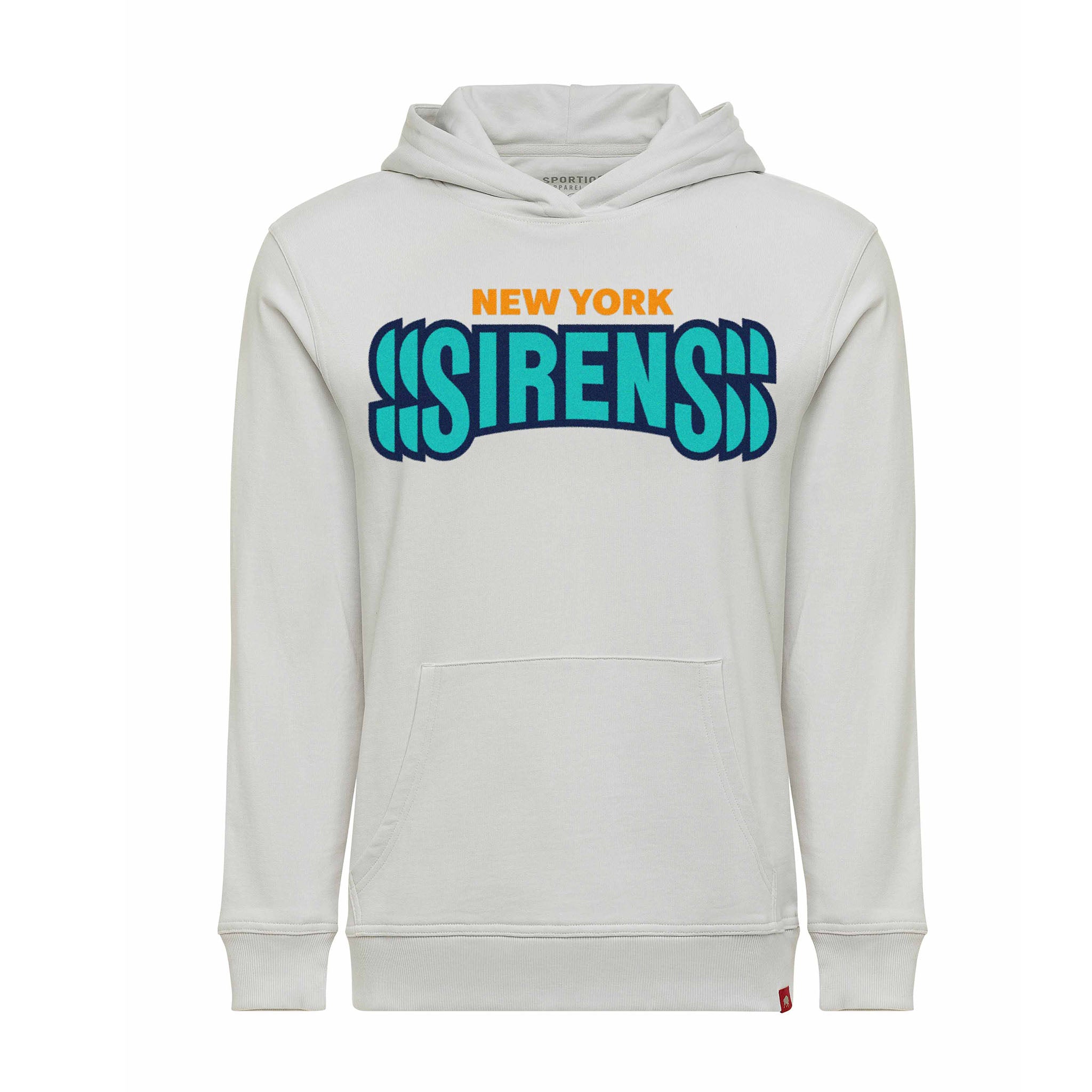 White hoodie with 'New York Sirens' text on a white background