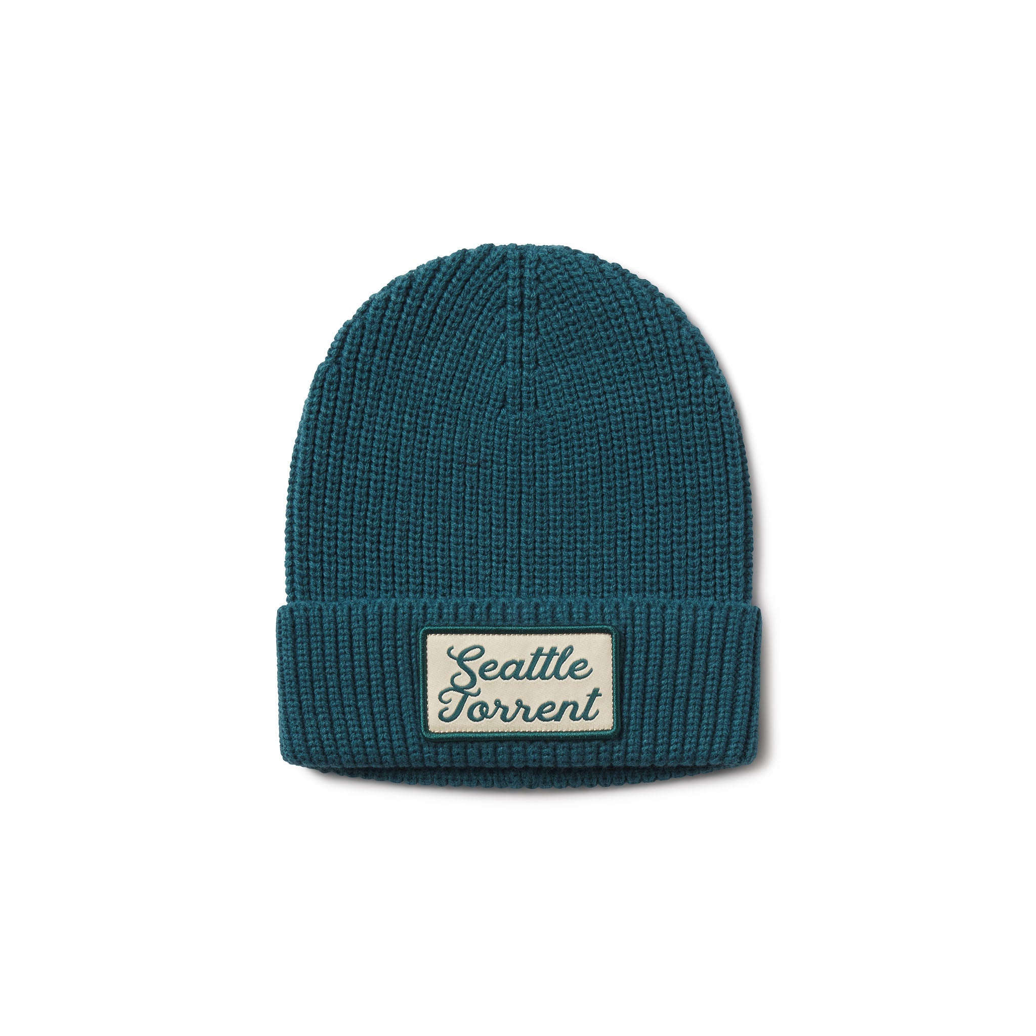 Teal beanie with 'Seattle Torrent' logo on a white background