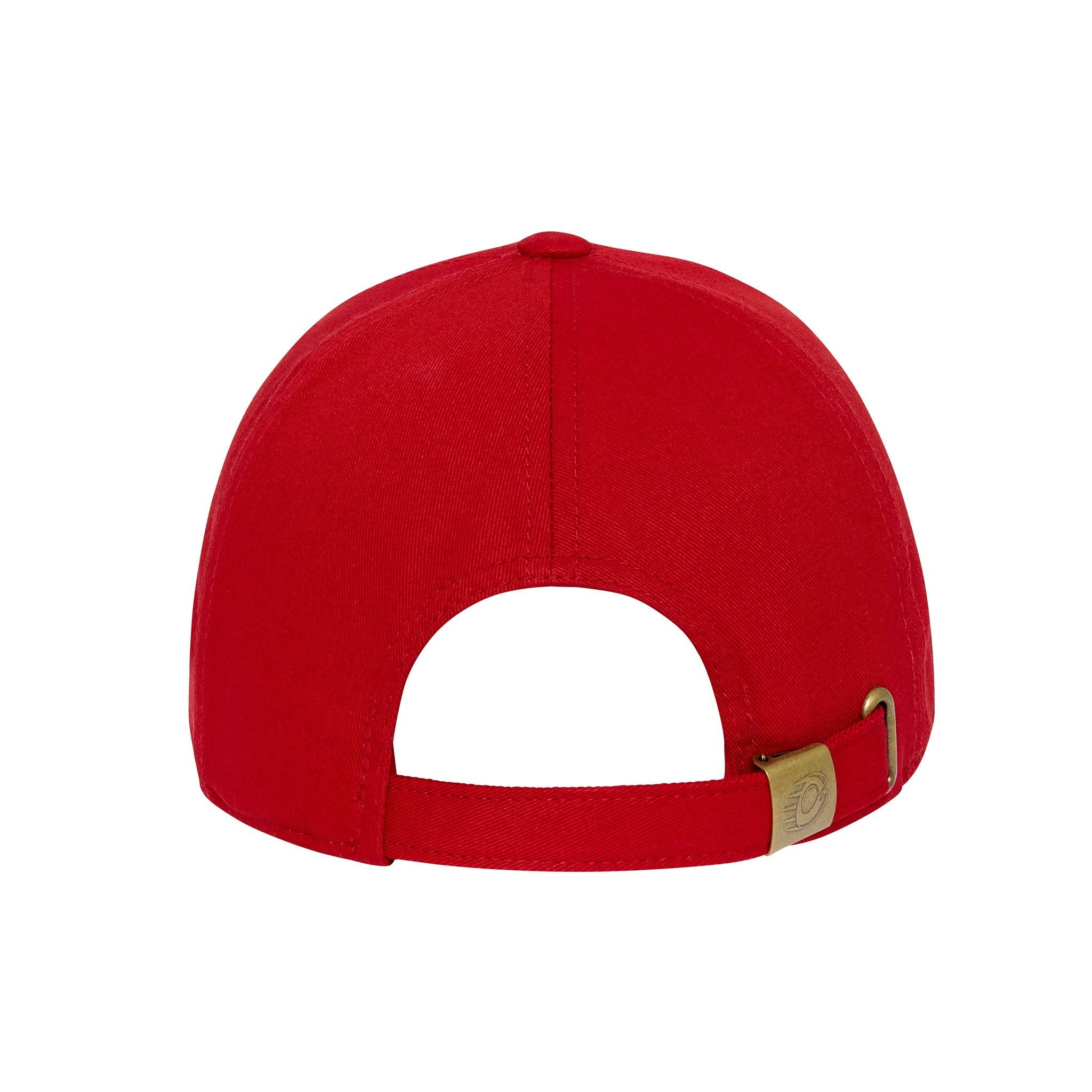 Red cap with a gold buckle on a white background