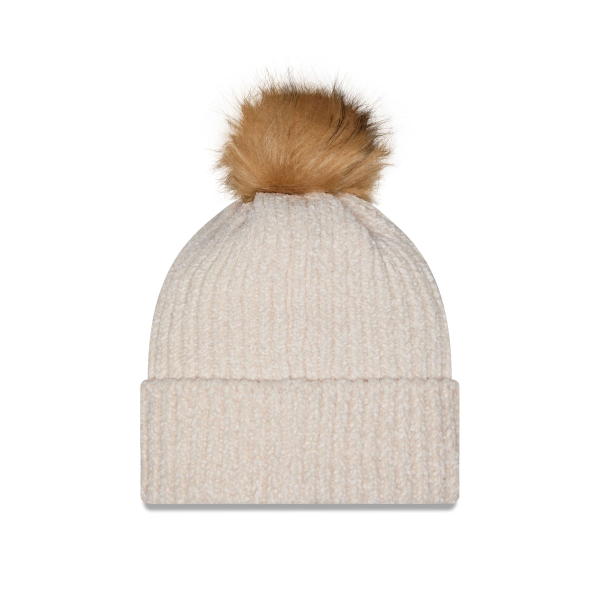 A ribbed knit beanie hat in a light oatmeal beige color, topped with a fluffy tan faux fur pom-pom, shown against a plain white background.