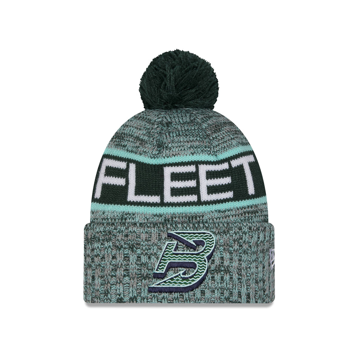 A knit pom-pom beanie in dark green, gray, and light teal, featuring the word 'FLEET' in white across the top and a stylized 'B' logo on the folded cuff.