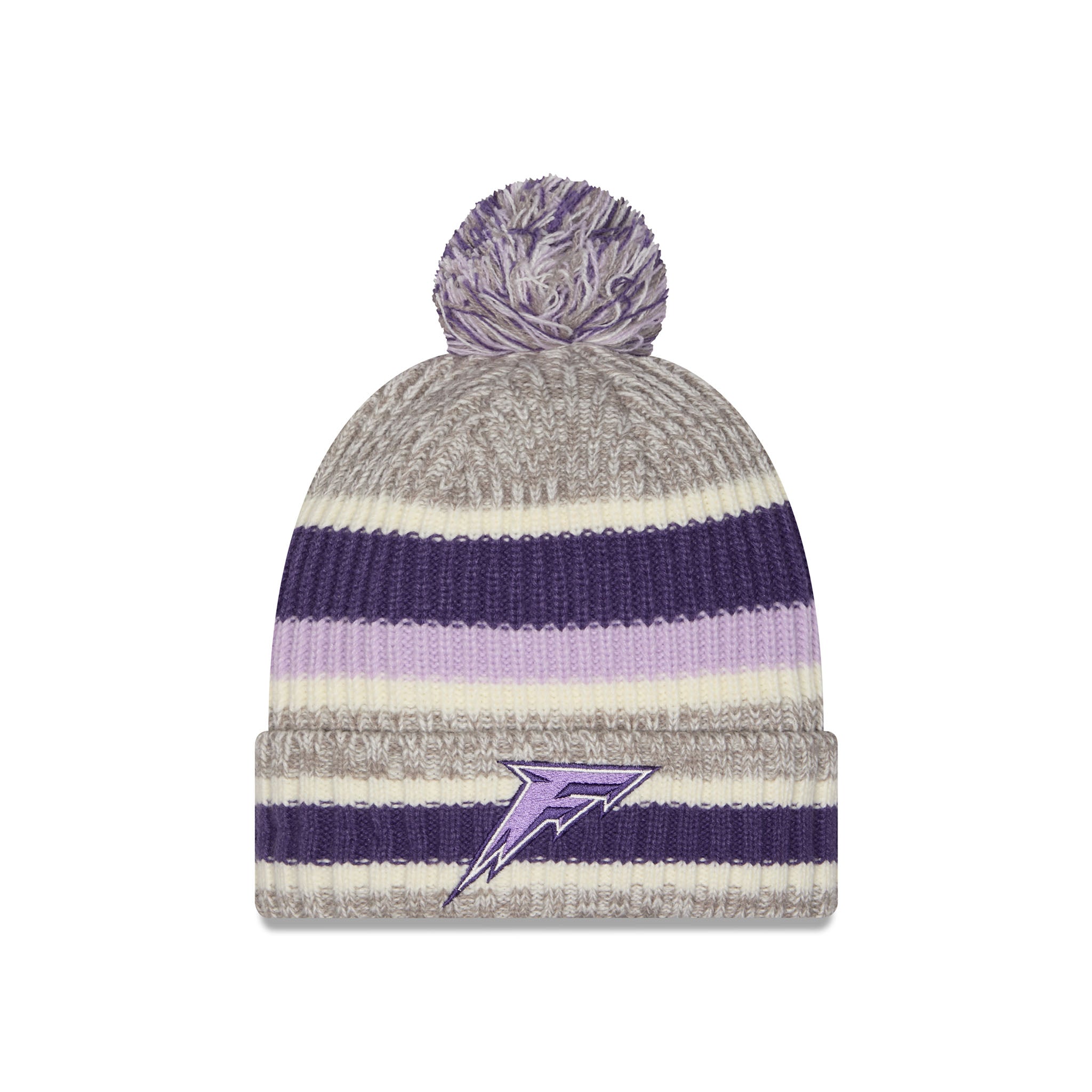 A striped knit pom-pom beanie hat in heather gray, purple, and cream, featuring a purple and gray lightning bolt logo on the front cuff.