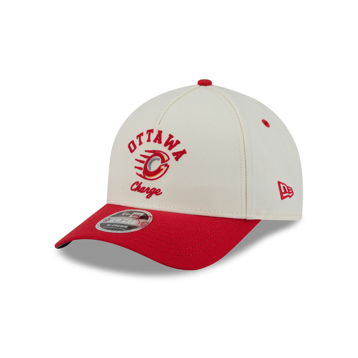 An Ottawa Charge baseball cap by New Era, featuring an off-white crown with red embroidered lettering and a red curved brim, shown on a clean white background.
