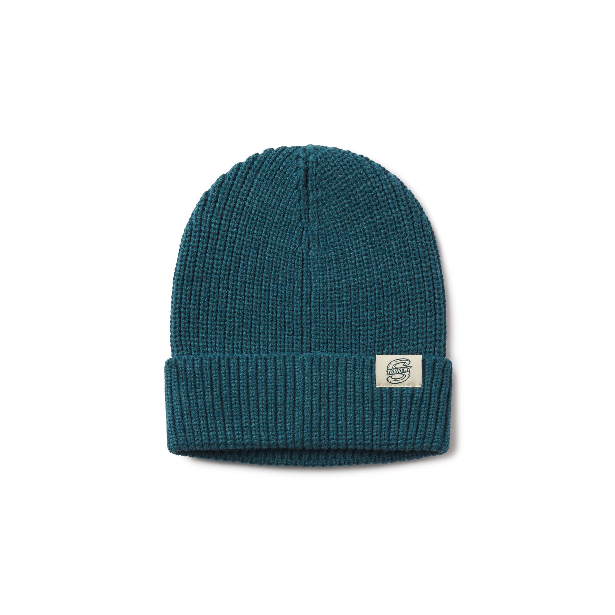 Teal knit beanie with a brand label on a white background