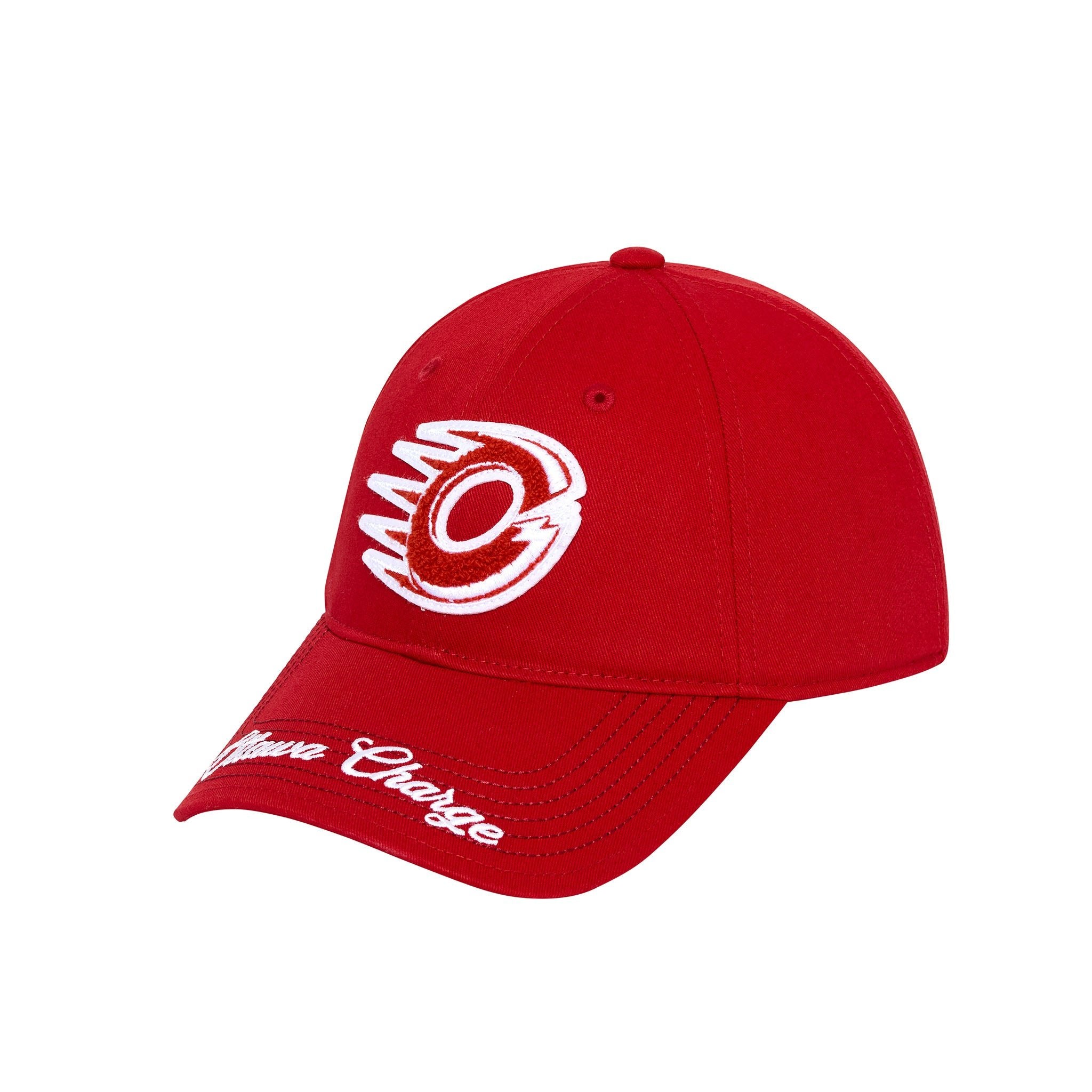 Red cap with a white logo and text on a white background