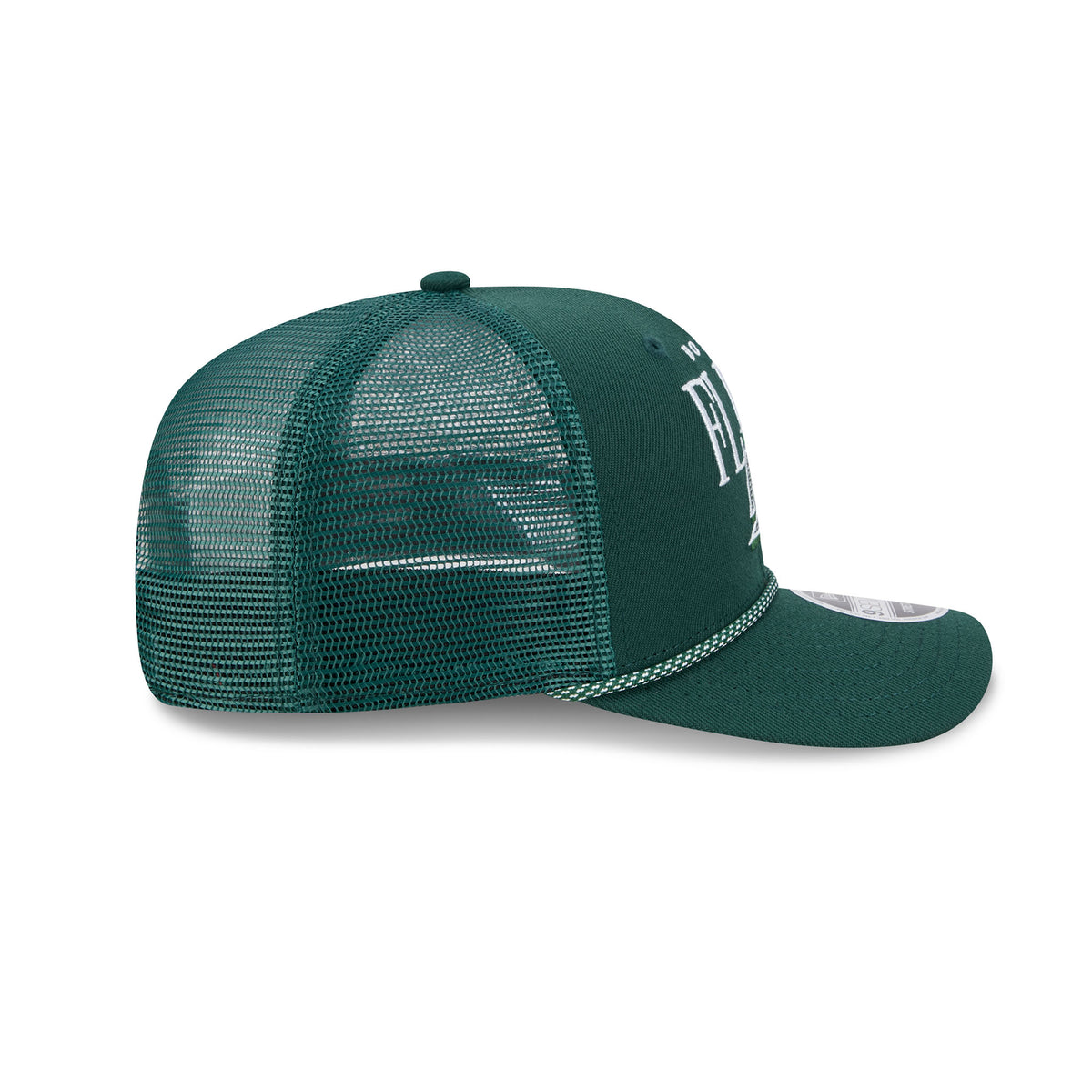 Right side of a green structured hat with a green mesh back and a green and white speckled chord along the base of the brim. 'BOSTON' is embroidered small above a larger 'FLEET' with a Boston Fleet logo set in front of it. 