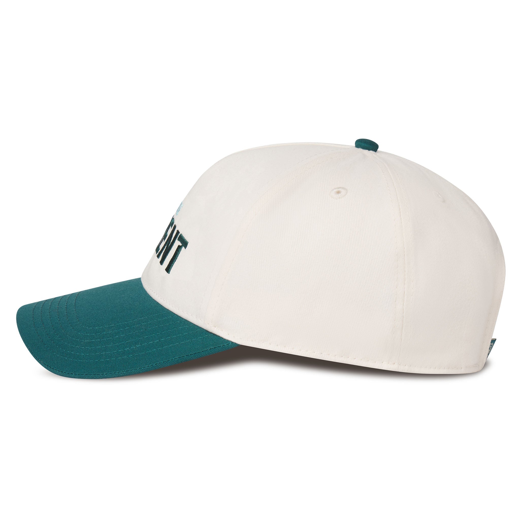 White cap with teal bill on a white background